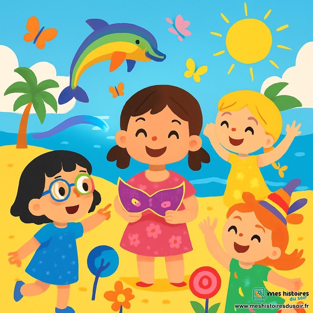 Il y a quatre enfants : Lila, une petite fille de 4 ans avec des cheveux bruns, portant une robe rose et un masque brillant, est au centre, rayonnante. Nina, également 4 ans, a des cheveux blonds en tresses et danse autour d'elle en robe jaune. Zoé, avec des cheveux noirs et des lunettes colorées, porte une robe bleue et pointe un dauphin arc-en-ciel à gauche de Lila. Mia, avec des cheveux roux et un chapeau de carnaval, fait des pirouettes à droite en robe verte. La scène se déroule sur une plage ensoleillée de l'île de Tiki-Taka, avec du sable doré, des palmiers et une mer bleue. Les enfants s'amusent ensemble, entourés de papillons et de dauphins, célébrant la magie du carnaval.