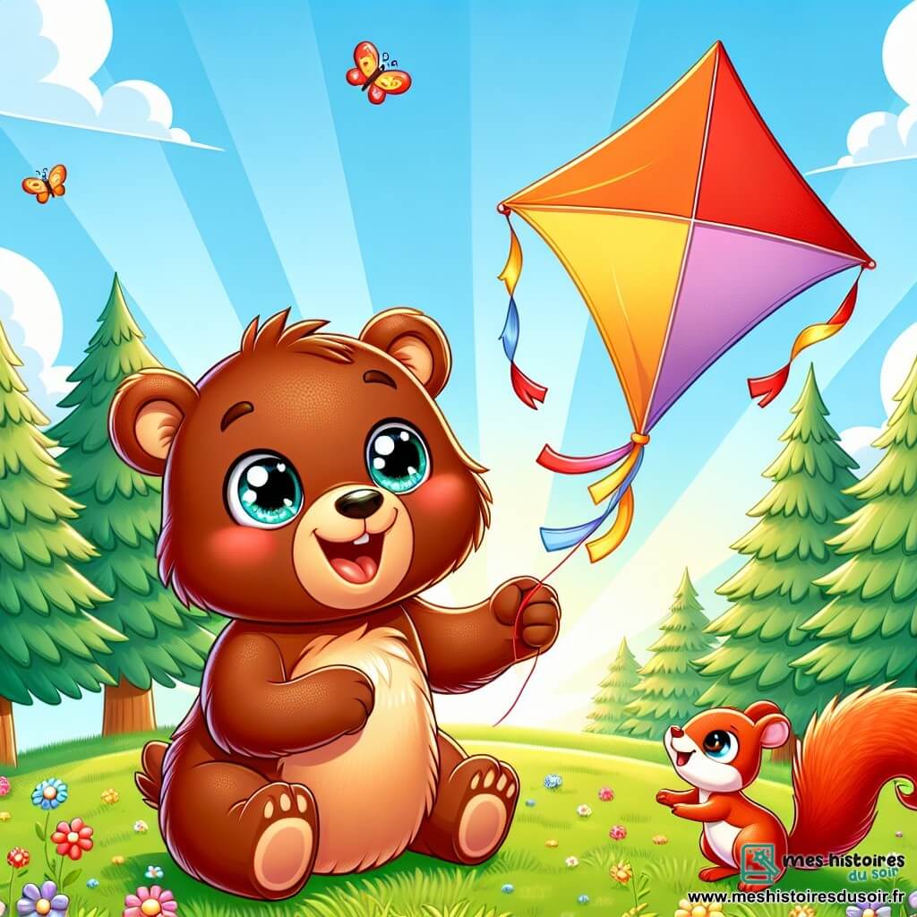 Illustration d'un ourson joyeux au pelage brun et aux yeux pétillants, tenant un cerf-volant rouge et jaune. Il sourit, ses oreilles pointues se dressant d'excitation. À côté, un petit écureuil roux admire le cerf-volant, assis sur une branche d'arbre. La scène se déroule dans une prairie verdoyante avec des fleurs colorées, sous un ciel bleu clair. L'ourson et l'écureuil font voler le cerf-volant, qui s'élève dans le ciel. Des rayons de soleil filtrent à travers les feuilles, des papillons virevoltent et une légère brise fait danser l'herbe, créant une ambiance magique pour cette journée de fête des pères.
