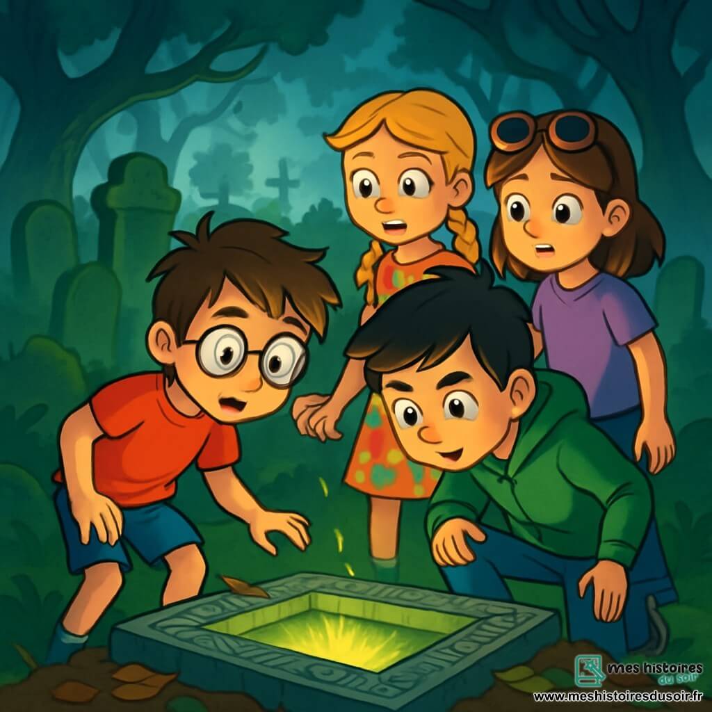 Quatre enfants se tiennent devant une trappe mystérieuse dans un vieux cimetière au sommet d'une colline. Tom, 10 ans, a des cheveux bruns en bataille et des lunettes rondes, portant un t-shirt rouge et un short bleu. Léa, 9 ans, avec des cheveux blonds tressés et une robe à fleurs, tient la main de Zoé, qui a des cheveux châtains et porte un t-shirt violet. Max, 10 ans, aux cheveux noirs et taches de rousseur, est en sweat à capuche vert. La trappe, ornée de motifs étranges et partiellement recouverte de feuilles, émet une lumière mystérieuse. Les enfants, fascinés et un peu effrayés, ressentent une ambiance d'aventure.