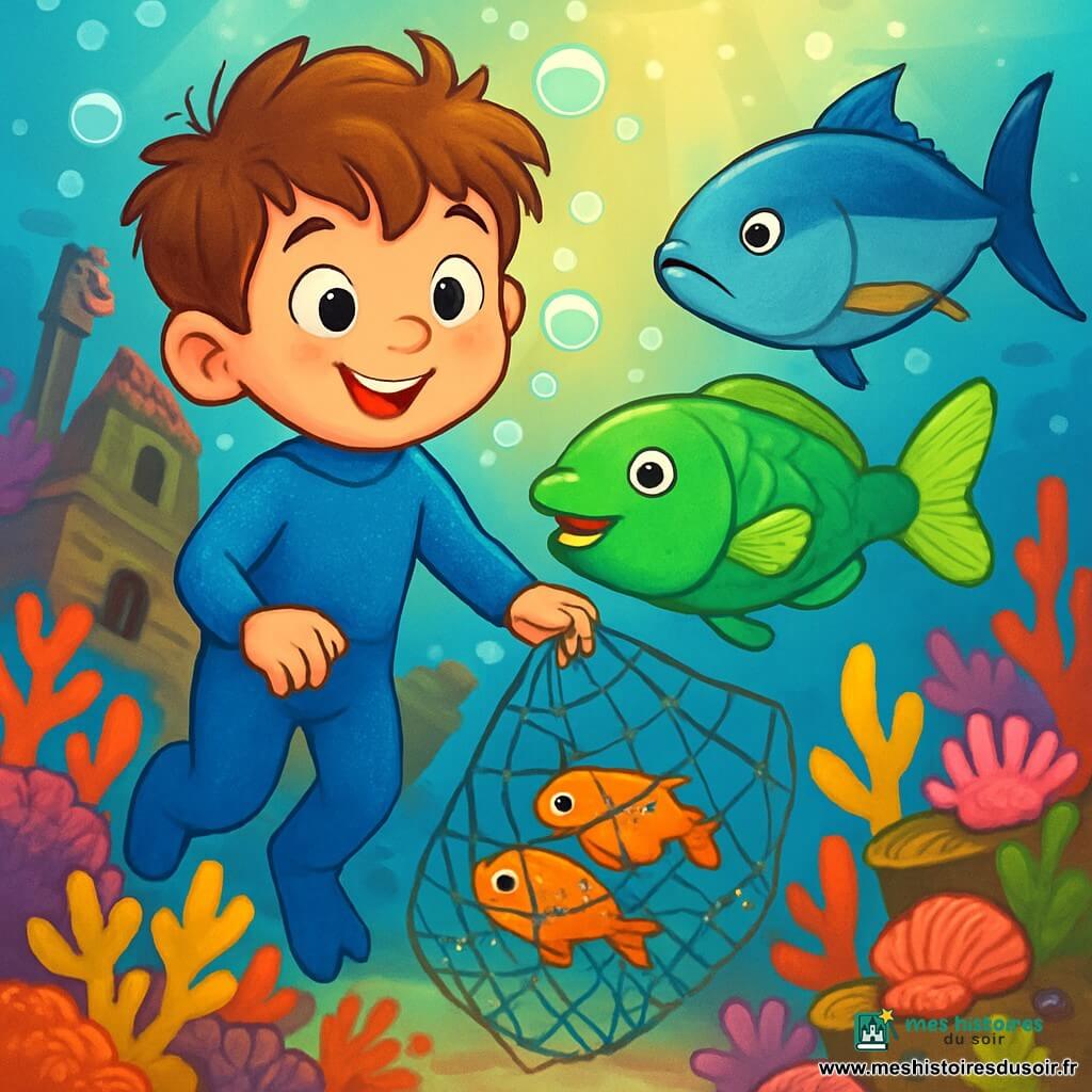 Un garçon de 6 ans, Léo, avec des cheveux bruns en bataille et des yeux curieux, porte une combinaison de plongée bleue qui scintille sous l'eau. Il sourit émerveillé, entouré de bulles d'air, tandis qu'il explore un monde sous-marin vibrant. À ses côtés, un poisson-perroquet vert le guide joyeusement. Un grand thon bleu observe la scène, prêt à aider. En arrière-plan, une épave ancienne recouverte d'anémones roses et de coquillages émerge d'un labyrinthe de corail coloré. Léo découvre l'épave tout en libérant des poissons pris dans un filet, entouré d'une lumière dorée filtrant à travers l'eau.
