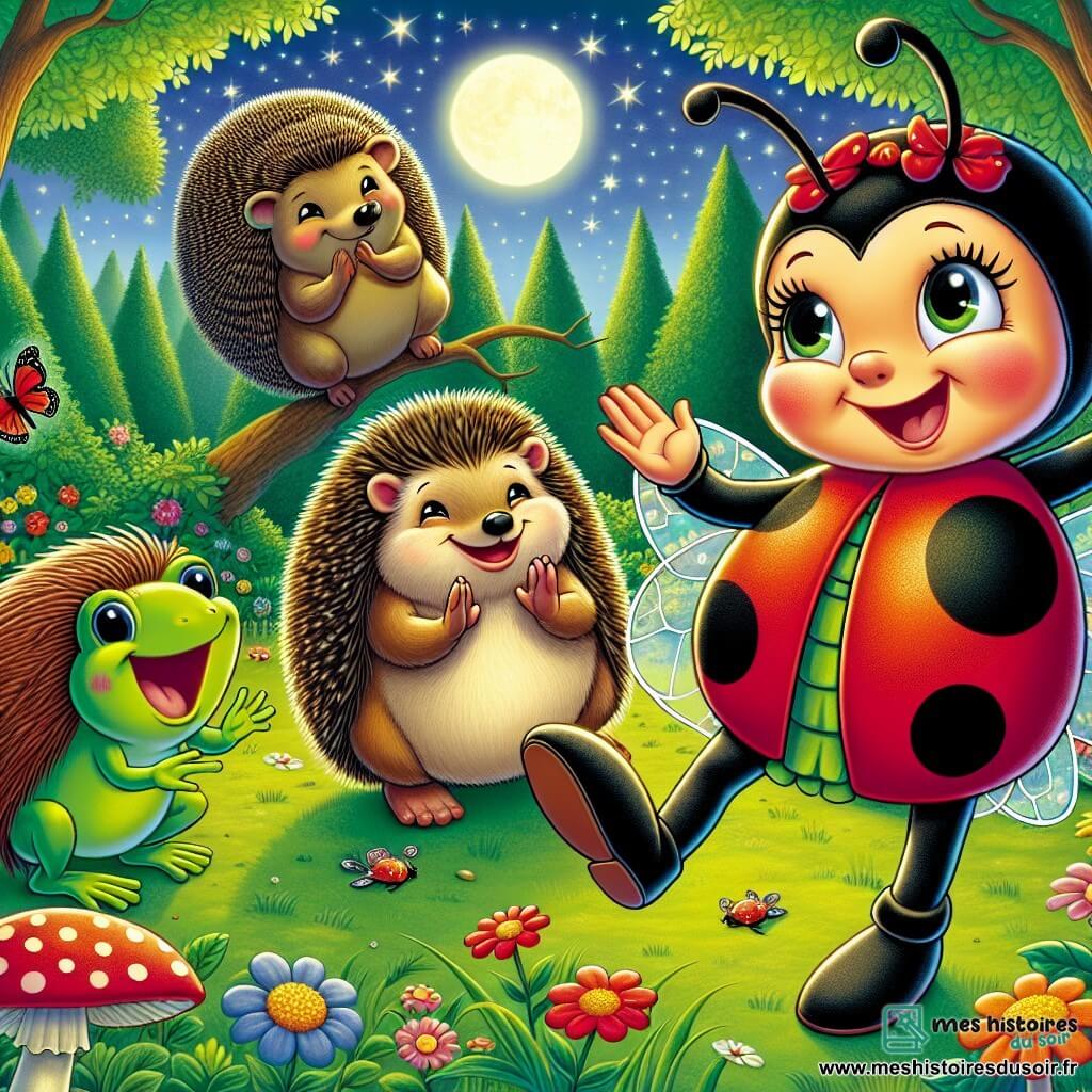 Une coccinelle nommée Lili, avec des ailes rouges à taches noires, danse dans une clairière illuminée par la lune, rayonnante de bonheur. À ses côtés, un hérisson nommé Hugo applaudit, tandis qu'une grenouille verte chante sur une feuille, ses yeux brillants de joie. La clairière, entourée d'arbres aux feuilles éclatantes et de fleurs colorées, crée une ambiance magique. Lili, Hugo et la grenouille participent à une fête secrète où tous les animaux du jardin se rassemblent pour partager rires et talents, dans une atmosphère de camaraderie.