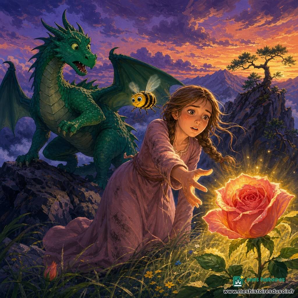 Rose, adolescente d'environ 14 ans aux cheveux châtain clair tressés et vêtue d'une robe rose poudré poussiéreuse, tend la main, émerveillée et anxieuse, pour cueillir une grande rose lumineuse qui pulse d'une lueur dorée tandis qu'une petite abeille ronde rayée noir et jaune bourdonne au-dessus de son épaule droite pour distraire le danger ; à gauche, un grand dragon écailleux vert émeraude recule, bouche entrouverte et yeux surpris, posé sur des rochers sombres, le tout au sommet d'une montagne aux rochers rugueux avec quelques pins tordus, ciel crépusculaire violet et orange, nuages bas et vent dans les herbes, composition centrée avec lumière chaude autour de la fleur contrastant avec les ombres fraîches sur les rochers.