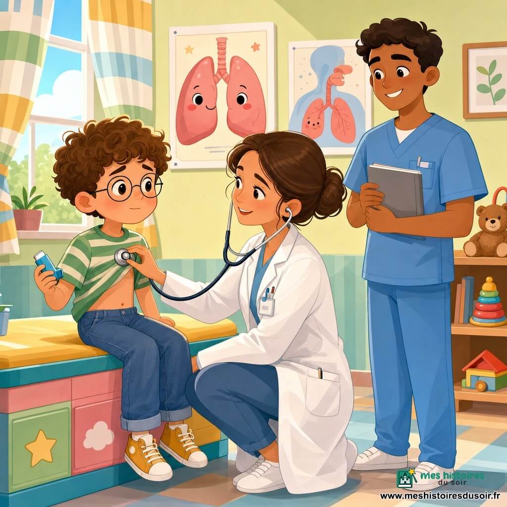 La docteure Lina, souriante et sereine, cheveux bruns en chignon et blouse blanche avec badge, s’agenouille pour poser doucement son stéthoscope sur la poitrine d’un garçon d’environ 8 ans — enfant asthmatique aux cheveux bouclés châtain clair et lunettes rondes, assis sur la table d’examen et tenant un petit inhalateur bleu, un peu inquiet mais rassuré — tandis que l’infirmier Malik, vingtenaire à la peau mate et coiffure courte, sourit et tient un carnet gris en retrait; la consultation pédiatrique est lumineuse et chaleureuse, murs pastel, affiches simples, étagères avec jouets et lumière douce, gestes calmes et formes arrondies.