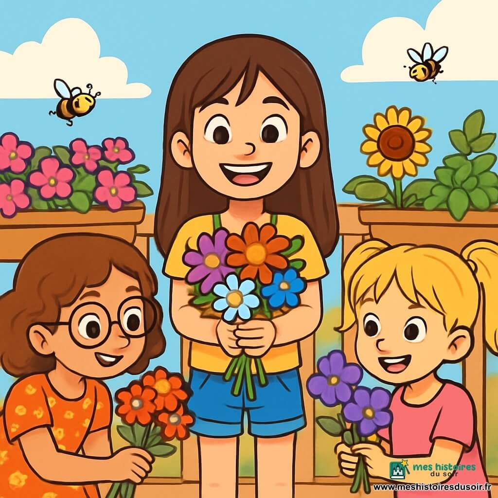 Il y a trois personnages : Lina, une fille de 9 ans avec de longs cheveux bruns, un t-shirt jaune et un short en jean, tenant un bouquet de fleurs colorées et souriante ; Zoé, également âgée de 9 ans, avec des cheveux bouclés châtains et des lunettes rondes, portant une robe à fleurs et observant son bouquet avec fierté ; et Maëlle, avec des cheveux blonds en couettes, un t-shirt rose et un legging noir, tenant un bouquet de pensées violettes, les yeux brillants d'excitation. La scène se déroule sur un balcon ensoleillé, orné de jardinières de fleurs éclatantes et d'un ciel bleu parsemé de nuages. Les trois amies créent des bouquets colorés, entourées de rires et d’enthousiasme, échangeant compliments et sourires sous le soleil.
