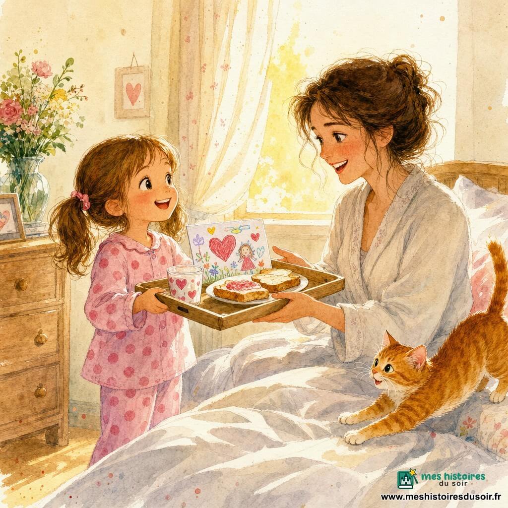 Une fillette de 6 ans, châtain clair en couettes, joyeuse, en pyjama à pois roses, apporte un plateau avec des tartines, un verre décoré et un dessin à sa mère ; la maman d'environ 32 ans, cheveux bruns ébouriffés, en robe de chambre claire, assise au lit, reçoit le plateau émue ; un chat roux joueur saute sur le lit ; la chambre, murs crème et lumière douce, présente un rideau léger et un buffet en bois clair avec un vase — scène chaleureuse et intime centrée sur l'échange du petit-déjeuner-surprise.