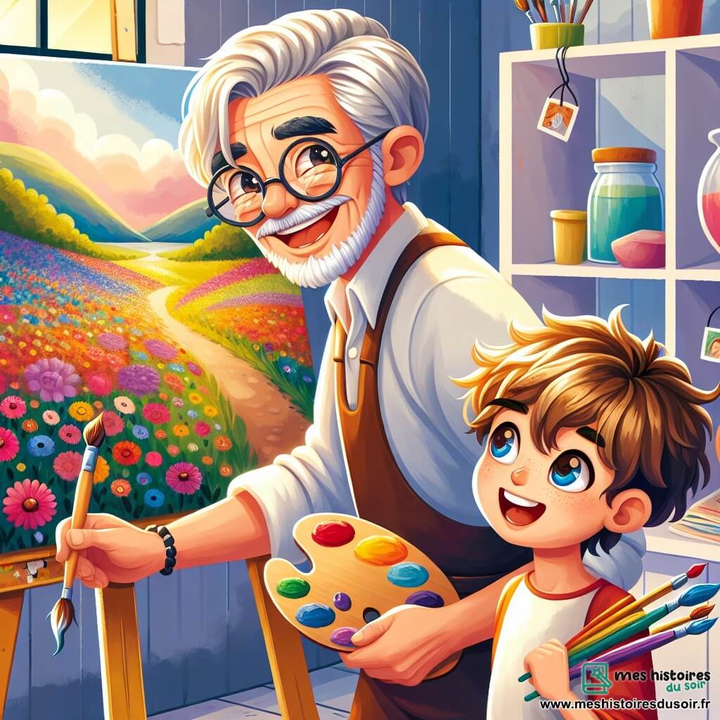 Un homme âgé, Monsieur Léon, est au centre de l'image, avec des cheveux argentés et des lunettes rondes. Son visage, marqué par des rides, montre sa sagesse et sa passion pour l'art. Il sourit, tenant un pinceau et une palette de couleurs vibrantes, en train de peindre un paysage sur une toile. À ses côtés, Lucas, un jeune garçon d'environ dix ans, observe attentivement le travail de Monsieur Léon, tenant un carnet de croquis et un crayon. La scène se déroule dans un atelier lumineux, avec des murs ornés de toiles et des pots de peinture, et de grandes fenêtres laissant entrer la lumière sur un jardin fleuri. Monsieur Léon enseigne à Lucas l'art de la peinture, partageant conseils et techniques dans une atmosphère joyeuse et inspirante.