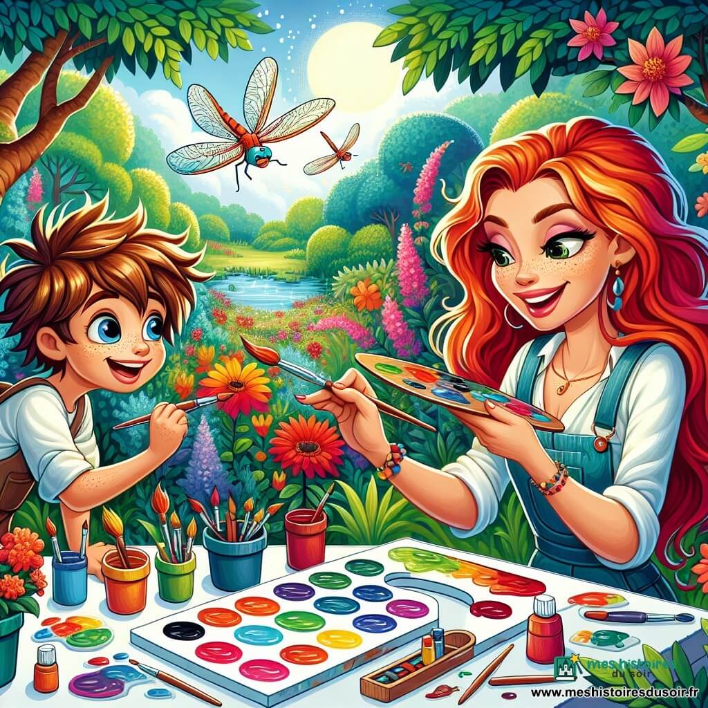 Margaux est une artiste aux cheveux flamboyants et aux yeux pétillants, concentrée et joyeuse en train de peindre sur une grande toile, entourée de pots de peinture éclatants. À ses côtés, un garçon de 8 ans aux cheveux en bataille l'observe avec émerveillement, prêt à peindre. Ils se trouvent dans un parc botanique luxuriant, avec des fleurs colorées, des arbres majestueux et un étang scintillant. Des libellules volent autour d'eux, ajoutant une touche de magie à la scène, tandis que Margaux peint un paysage vibrant et que le garçon admire son travail.