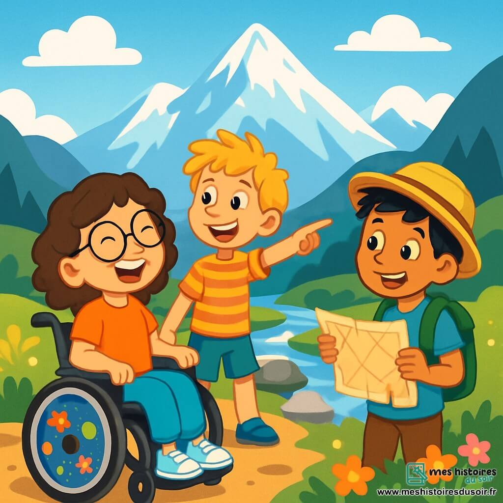 Trois personnages sont présents : Clara, une fille de 10 ans avec des cheveux bruns bouclés et des lunettes rondes, souriante dans un fauteuil roulant décoré de stickers colorés ; Léo, un garçon de 9 ans avec des cheveux blonds en bataille et un t-shirt rayé, debout à côté de Clara, pointant une montagne au loin ; et Mehdi, un garçon de 10 ans avec des cheveux noirs et un chapeau de paille, tenant une carte ancienne, les yeux brillants d'excitation. Ils se trouvent au pied du Mont Everest, entourés de sommets enneigés sous un ciel bleu, avec des nuages légers et un ruisseau serpentant parmi des rochers et des fleurs. Les trois amis explorent, émerveillés par la beauté des montagnes, partageant un moment de découverte et d'amitié.