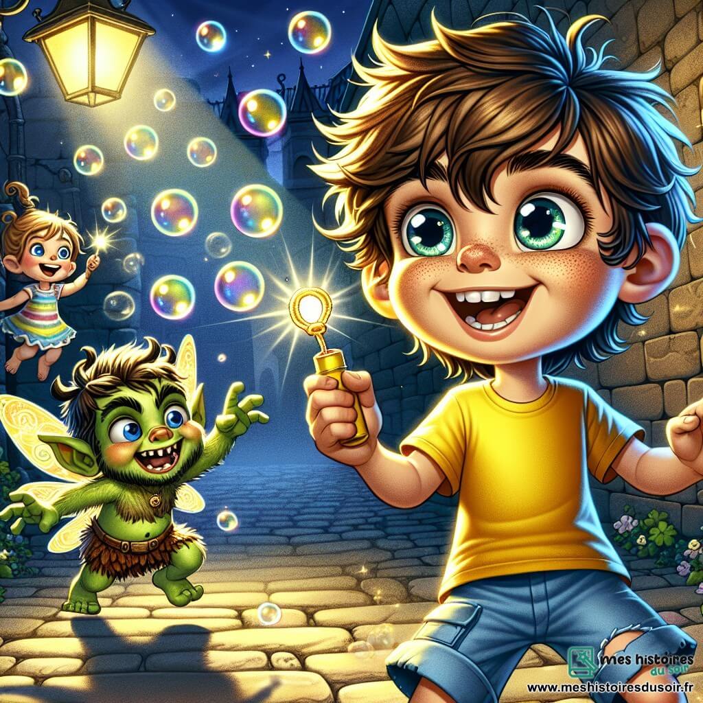 Un garçon de 8 ans nommé Max se tient au centre de la scène, avec des cheveux bruns en désordre et des yeux curieux. Il porte un t-shirt jaune et un short bleu, souriant en soufflant des bulles de savon illuminées par la lune. À sa droite, une petite fée nommée Lila, avec des ailes brillantes et des cheveux dorés, virevolte joyeusement autour de lui, vêtue d'une robe en pétales de fleurs. Près d'eux, un gobelin nommé Brutus, à la peau verte et aux oreilles pointues, saute pour attraper les bulles, affichant une expression de concentration malicieuse. La scène se déroule dans une ruelle animée, entourée de briques anciennes et éclairée par des lampadaires, où Max et Lila s'amusent à créer des bulles magiques, tandis que Brutus essaie de les attraper, rendant ce moment joyeux et plein de rires.