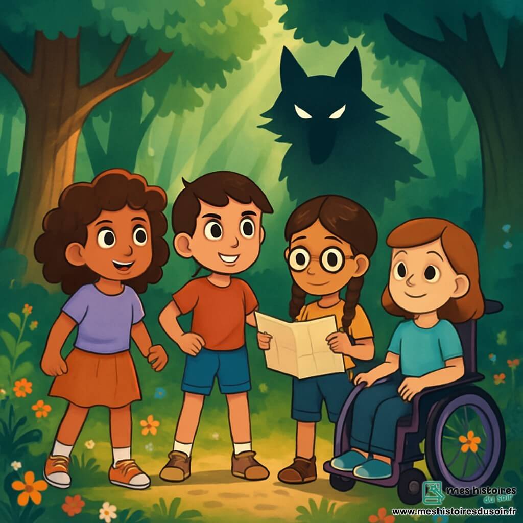 Quatre amies de 10 ans se tiennent courageusement dans une clairière enchantée. Lila, émerveillée, Ana, déterminée, Sofia, concentrée avec une carte, et Camille, dans son fauteuil roulant, rayonnent de sagesse. La scène se déroule dans une forêt dense, avec des arbres majestueux et des rayons de soleil illuminant des fleurs sauvages. Au loin, une ombre menaçante, celle d'un grand méchant loup, se dessine. Malgré leur peur, les filles se tiennent ensemble, prêtes à relever un défi pour prouver leur bravoure et découvrir les secrets de la forêt.