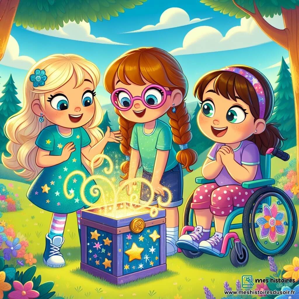 Au centre de l'image, trois amies d'environ 10 ans se tiennent ensemble, entourées d'un tourbillon magique. Lily a des cheveux dorés et porte une robe bleue avec des étoiles, souriant en levant une main vers le tourbillon. Zoé, avec des lunettes roses et des cheveux bruns en tresses, porte un t-shirt vert et un short à pois, regardant la boîte mystérieuse avec curiosité. Mia, dans son fauteuil roulant coloré, a des cheveux châtains et une robe violette, souriant joyeusement. Elles se trouvent dans un parc verdoyant avec des arbres et des fleurs, et une boîte en bois ornée de dessins d'étoiles émet une lueur dorée sur l'herbe. Les trois amies découvrent la boîte magique, prêtes à appuyer sur le bouton bleu pour commencer leur aventure dans le temps, tandis que le tourbillon scintille de couleurs vives.