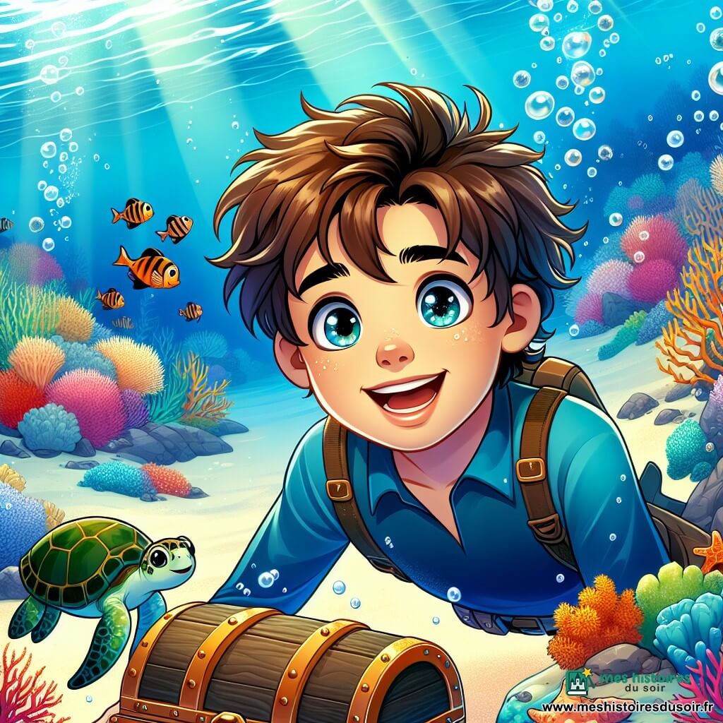Un garçon de 12 ans, avec des cheveux bruns en bataille et des yeux curieux, nage sous l'eau en combinaison de plongée bleue. Son visage exprime l'émerveillement avec un grand sourire. À proximité, une petite tortue marine l'accompagne, flottant à ses côtés. Le fond marin est vivant avec des coraux multicolores et des poissons scintillants. La lumière du soleil illumine les bulles du tuba du garçon. Il découvre un coffre ancien recouvert d'algues sur le sable, prêt pour une aventure incroyable.