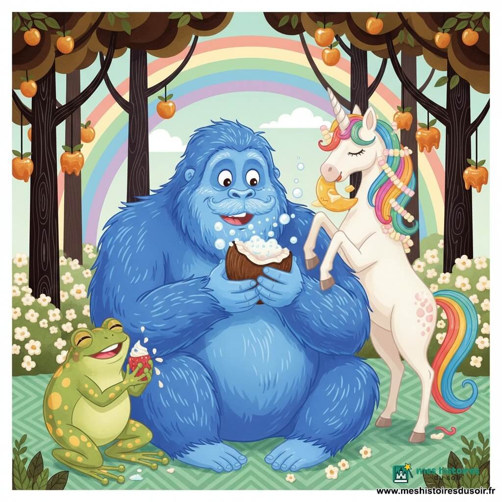 Un grand yéti bleu électrique au pelage soyeux, joyeux et émerveillé, est assis au centre en croquant une noix de coco pétillante; à sa gauche Pétula, une grenouille femelle à pois dorés, sourit en tenant une fraise chantilly, et à sa droite Gaston, une licorne blanche aux crins arc‑en‑ciel, goûte un croissant de lune posé sur son dos; le tout dans une forêt de réglisse noire, buissons de pop‑corn, fruits caramélisés et herbe vert menthe, pour un goûter festif et coloré aux textures sucrées.