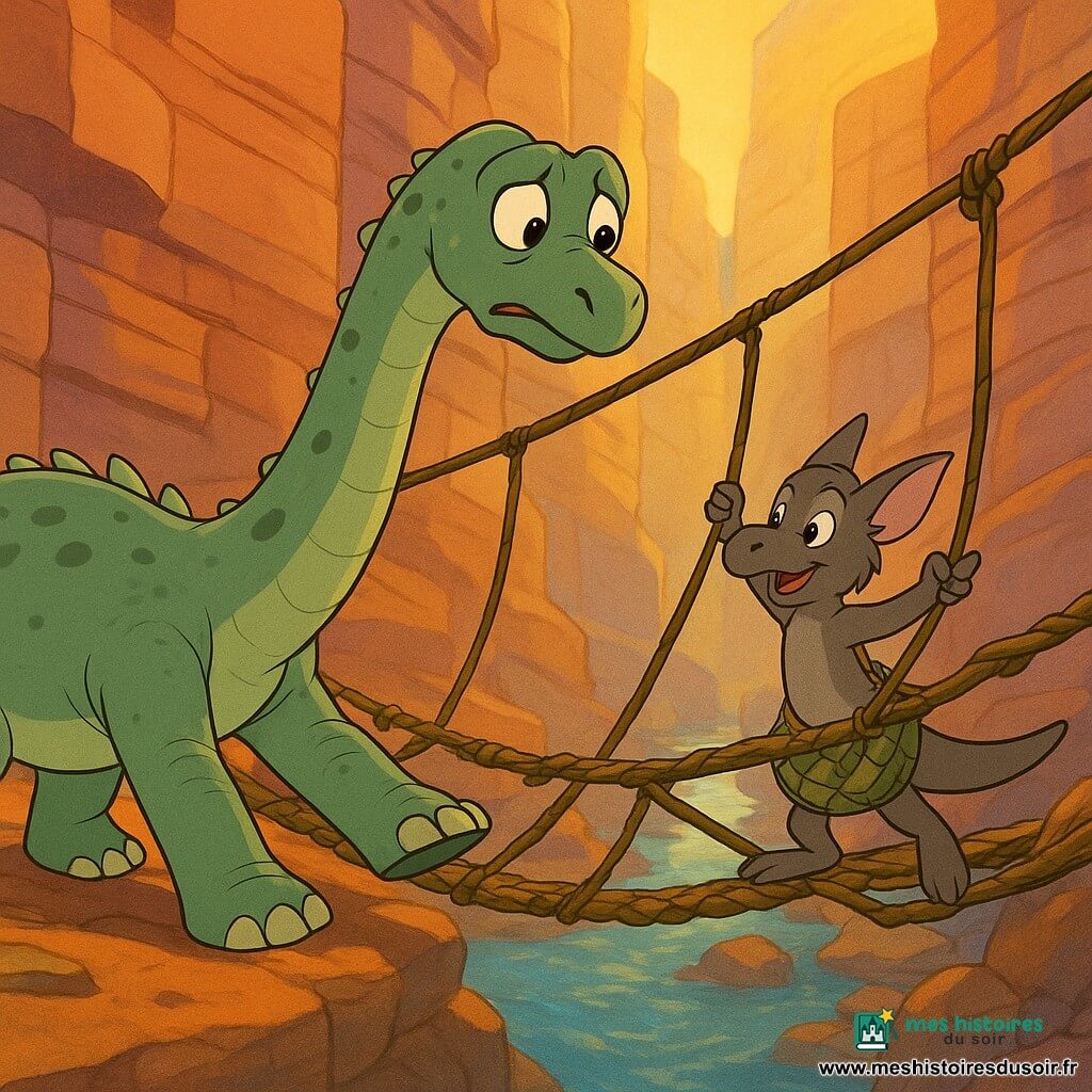 Un grand diplodocus nommé Lumo, au long cou sinueux, peau vert sauge tachetée et regard inquiet mais déterminé, avance prudemment sur un pont de lianes en tendant une patte massive; à l’écart, Silex, un petit dinosaure vif au museau pointu et pelage gris-brun avec une sacoche tressée, tient une liane et encourage Lumo en indiquant où poser la patte. Le canyon rocheux aux parois ocres et ardoise, éclairé par des rayons dorés filtrant, laisse entrevoir un filet d’eau en contrebas; le pont vibre légèrement, laissant passer des éclats de lumière. L’ambiance est chaleureuse et aventureuse, aux couleurs saturées et contours nets, style dessin animé années 90, composition centrée sur la traversée pour montrer courage et amitié.