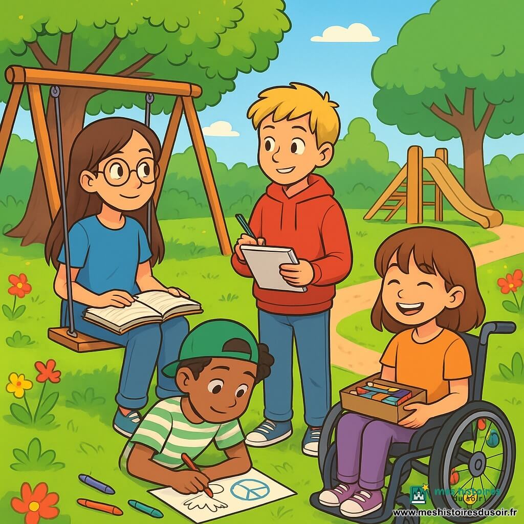 Quatre enfants se trouvent dans un parc : Léa, 11 ans, avec de longs cheveux bruns et des lunettes rondes, est assise sur une balançoire, un livre sur les genoux. Hugo, également 11 ans, a des cheveux blonds et porte un sweat-shirt rouge, il est debout à côté d'elle avec un carnet. Samir, 11 ans, avec des cheveux frisés et une casquette verte, est assis sur l'herbe, dessinant. Camille, 11 ans, avec des cheveux châtains et une frange, est dans un fauteuil roulant décoré, souriante avec une boîte de crayons. Le parc est verdoyant, avec des arbres et des fleurs, et une grande balançoire en bois au fond. Les amis discutent de leur projet sur la paix, entourés de dessins et de livres, unis dans leur quête contre la guerre.
