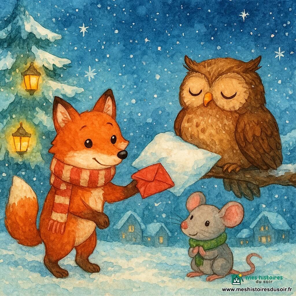 La nuit de Noël, dans un grand sapin enneigé d'un village éclairé par des lanternes dorées, Rémi le renard roux, écharpe rouge et crème, glisse discrètement une enveloppe rouge sous l'oreiller blanc d'Oscar, un grand hibou brun endormi sur la branche, tandis que Lili, une petite souris grise à l'écharpe verte, l'observe émerveillée.