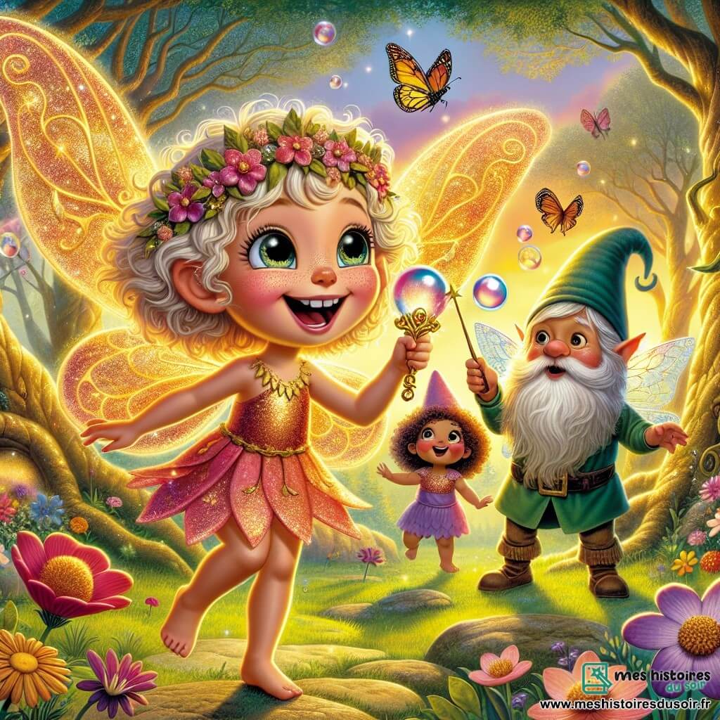 Zéphir, un petit être féérique aux grandes ailes chatoyantes, est au centre de l'image, souriant et pétillant d'excitation. Il tient une baguette à bulles ornée de feuilles dorées, prêt à souffler dans sa potion magique. À ses côtés, Lila, une lutine aux cheveux bouclés et vêtue de pétales de fleurs, le regarde avec admiration. Norbert, un gnome trapu avec une barbe touffue et un chapeau pointu, se tient derrière eux, affichant une expression déterminée tout en tenant fermement la baguette. Le décor est une clairière enchantée, entourée d'arbres majestueux et baignée par la lumière dorée du soleil couchant, avec des fleurs colorées et des papillons dansants. Zéphir souffle avec enthousiasme dans sa baguette, créant une bulle de savon géante, tandis que ses amis l'encouragent, tous captivés par le défi de réaliser la plus grande bulle de savon du monde.