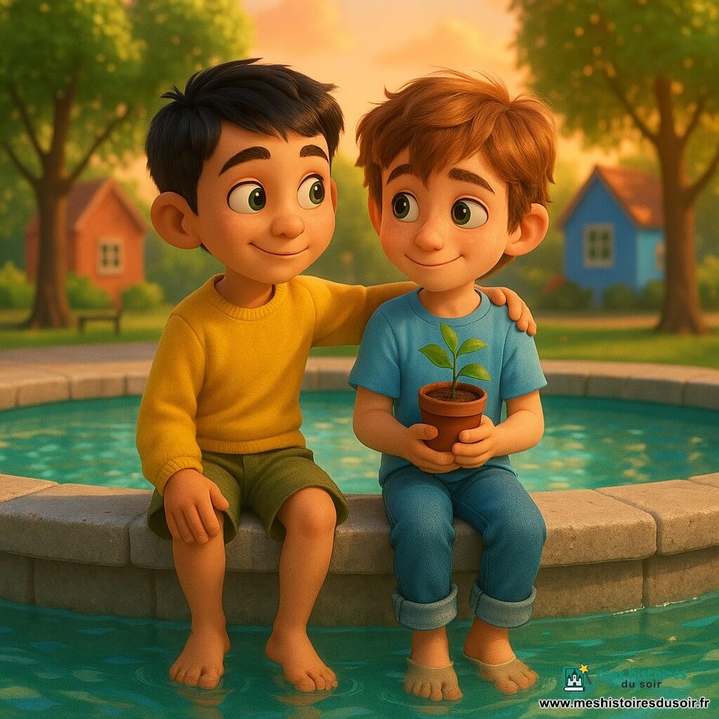 Tom, garçon de 8 ans aux cheveux châtain clair en bataille et yeux noisette, porte un T-shirt bleu clair et un jean; il est assis à droite du bord d'une grande fontaine circulaire en pierre claire, serre contre sa poitrine une petite plante en pot vert et regarde son ami avec un sourire timide. Léo, garçon de 8 ans aux cheveux noirs courts et yeux verts, porte un sweat jaune et un short kaki; il est assis à gauche de Tom, le bras posé sur son épaule dans un geste rassurant, les jambes balançant au-dessus de l'eau. Scène dans un parc urbain lumineux en fin d'après-midi, ciel orange-rose, arbres à feuilles vert tendre, deux petites maisons colorées en arrière-plan, ambiance chaleureuse et douce, éclairage doré, couleurs saturées et textures lisses façon film d'animation 3D.