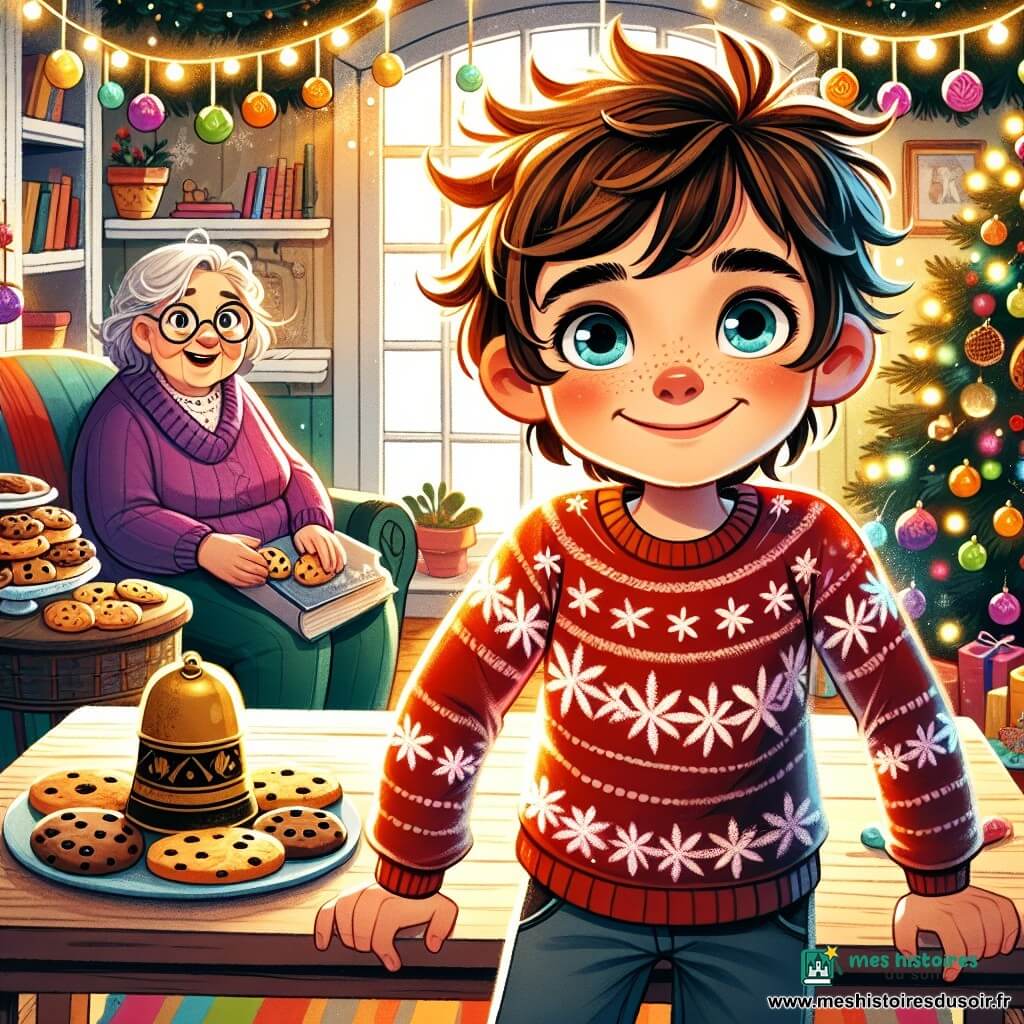 Un garçon de 12 ans, Jules, aux cheveux châtains en désordre et aux yeux curieux, se tient sur une chaise dans un salon chaleureux, souriant. Il porte un pull rouge à motifs de flocons de neige et des jeans trop longs. À côté, sa petite sœur Théa, 7 ans, avec des couettes blondes, tient un biscuit. Leur grand-mère, avec des cheveux argentés et des lunettes rondes, est assise sur un fauteuil, souriant en les regardant. Le salon est décoré de guirlandes scintillantes et de boules colorées, créant une ambiance festive. Une table en bois est chargée de biscuits et de chocolats, avec une cloche en étain au centre, prête à être sonnée pour le Nouvel An. Jules, excité, s'apprête à faire sonner la cloche alors que l'horloge indique que minuit approche.