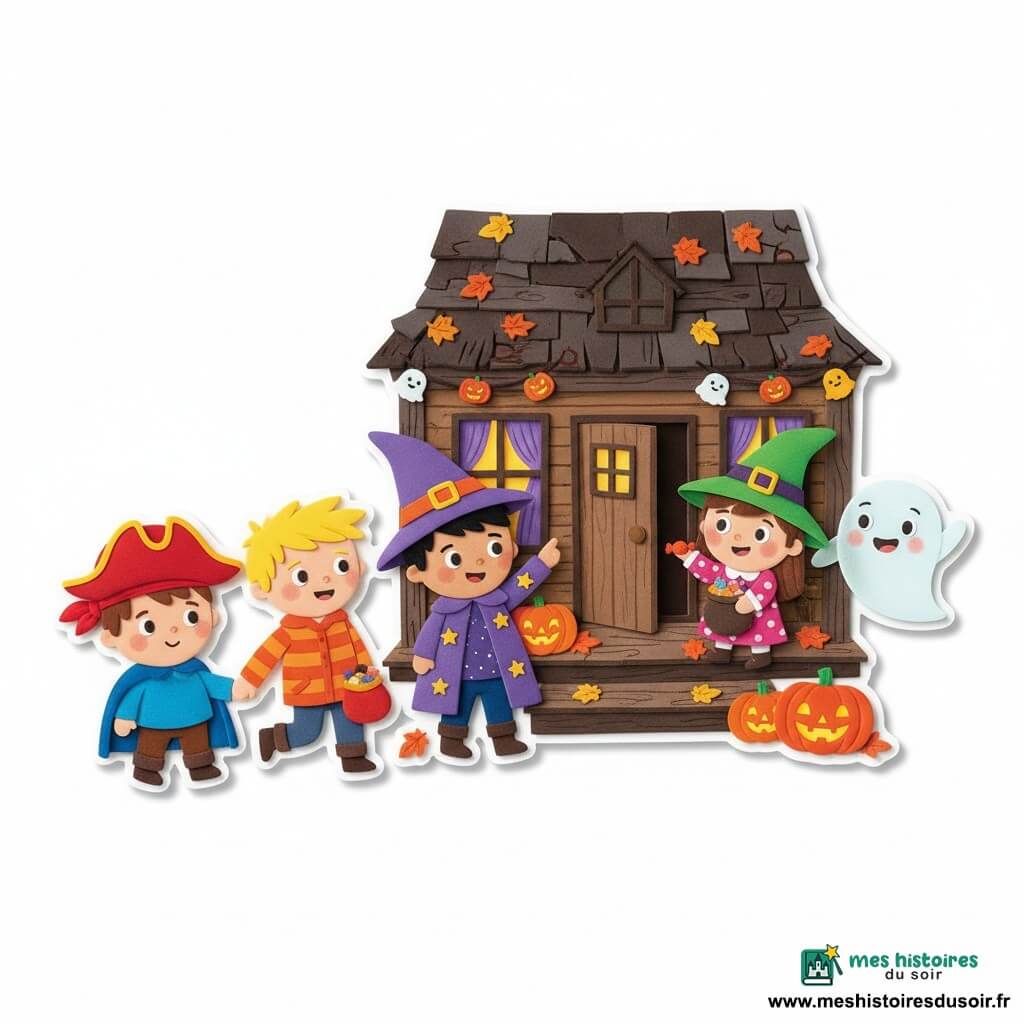 Cinq personnages : Thomas, garçon de 3 ans au visage rond, cheveux bruns courts, chapeau de pirate rouge et cape bleue, tenant la main de Max à la gauche du groupe ; Max, garçon de 4 ans, cheveux blonds en bataille, veste rayée orange, sac à bonbons rouge, au centre-gauche, en position d’avancer ; Léo, garçon de 5 ans, cheveux noirs, chapeau de sorcier violet pointu et manteau étoilé, au centre-droit, montrant la maison ; Mimi, fille d’environ 5 ans, petite sorcière avec chapeau vert pointu et robe à pois roses, sur le porche à droite, souriante et tendant un bonbon ; Gaston, petit fantôme rond et translucide au grand sourire, flottant derrière Mimi et saluant. Lieu : vieille maison d’Halloween au bout d’une rue pavée, porche en bois fissuré, marches de pierre couvertes de feuilles orange, citrouilles sculptées éclairant d’une lueur chaude, fenêtre à carreaux avec rideaux violets et porte en bois brun légèrement ouverte qui grince. Situation : de nuit, les trois enfants arrivent au porche et rencontrent Mimi et Gaston qui offrent des bonbons ; ambiance joyeuse et non effrayante aux couleurs chaudes (orange, violet, rouge) avec décorations d’Halloween, composition claire enfants à gauche, habitants à droite.