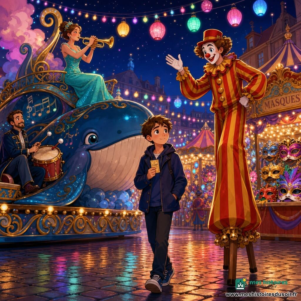 Un garçon de 12 ans, timide et émerveillé, cheveux châtains courts, veste bleu marine et ticket serré dans la main, avance au centre d’une place de carnaval nocturne illuminée, attiré par un petit tintement ; à sa droite un clown adulte sur échasses, maquillé et souriant, le salue, et à sa gauche un grand char-baleine musical porte une musicienne en robe turquoise jouant de la trompette et un musicien au tambour, tandis que pavés brillants, guirlandes multicolores, stands de masques et odeur de sucre forment une ambiance festive et colorée.