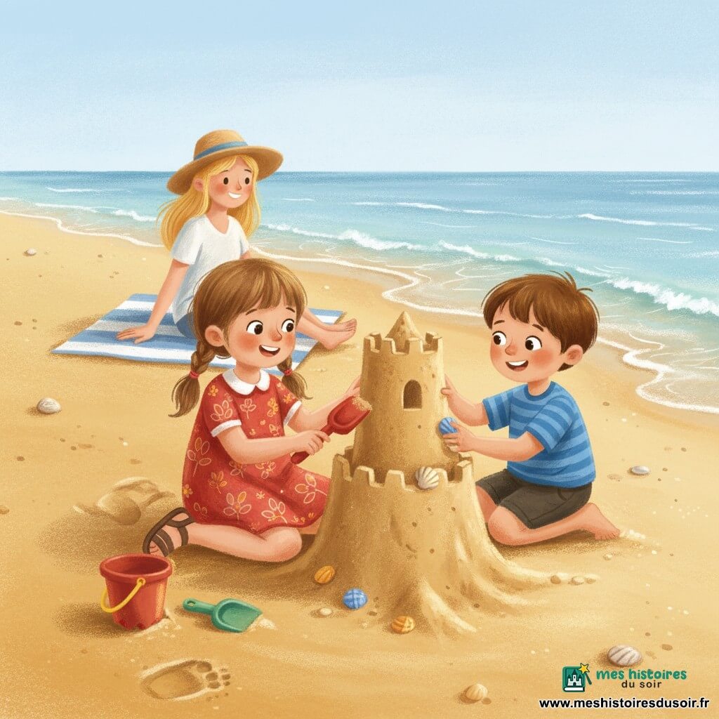 Une fillette de 4 ans en couettes et robe à fleurs rouge sculpte une grande tour de château de sable avec une petite pelle en plastique, un garçon de 4 ans, Lucas, cheveux courts brun et t‑shirt rayé bleu, accroupi à côté d’elle pose des coquillages sur la façade, une maman blonde aux cheveux lâchés et chapeau de paille, souriante, est assise sur une serviette rayée quelques pas derrière en regardant la mer ; plage large de sable doré avec quelques coquillages, petites vagues translucides reflétant le ciel pâle, au premier plan un seau rouge et une pelle verte et des empreintes d’enfants, ambiance estivale lumineuse aux couleurs saturées et contours doux rappelant le pastel gras.