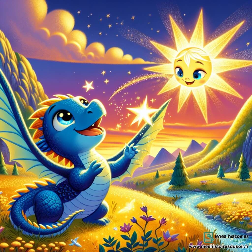 Un petit dragon nommé Lumy, aux écailles bleues, vole joyeusement dans le ciel, émerveillé par une étoile scintillante qui flotte à ses côtés. L'étoile, souriante et chaleureuse, encourage Lumy à explorer la liberté. Le décor est une colline dorée au coucher du soleil, avec des montagnes verdoyantes et un ruisseau scintillant. Lumy et l'étoile discutent entourés de fleurs dorées, créant une atmosphère de joie et de découverte, invitant les enfants à rêver.