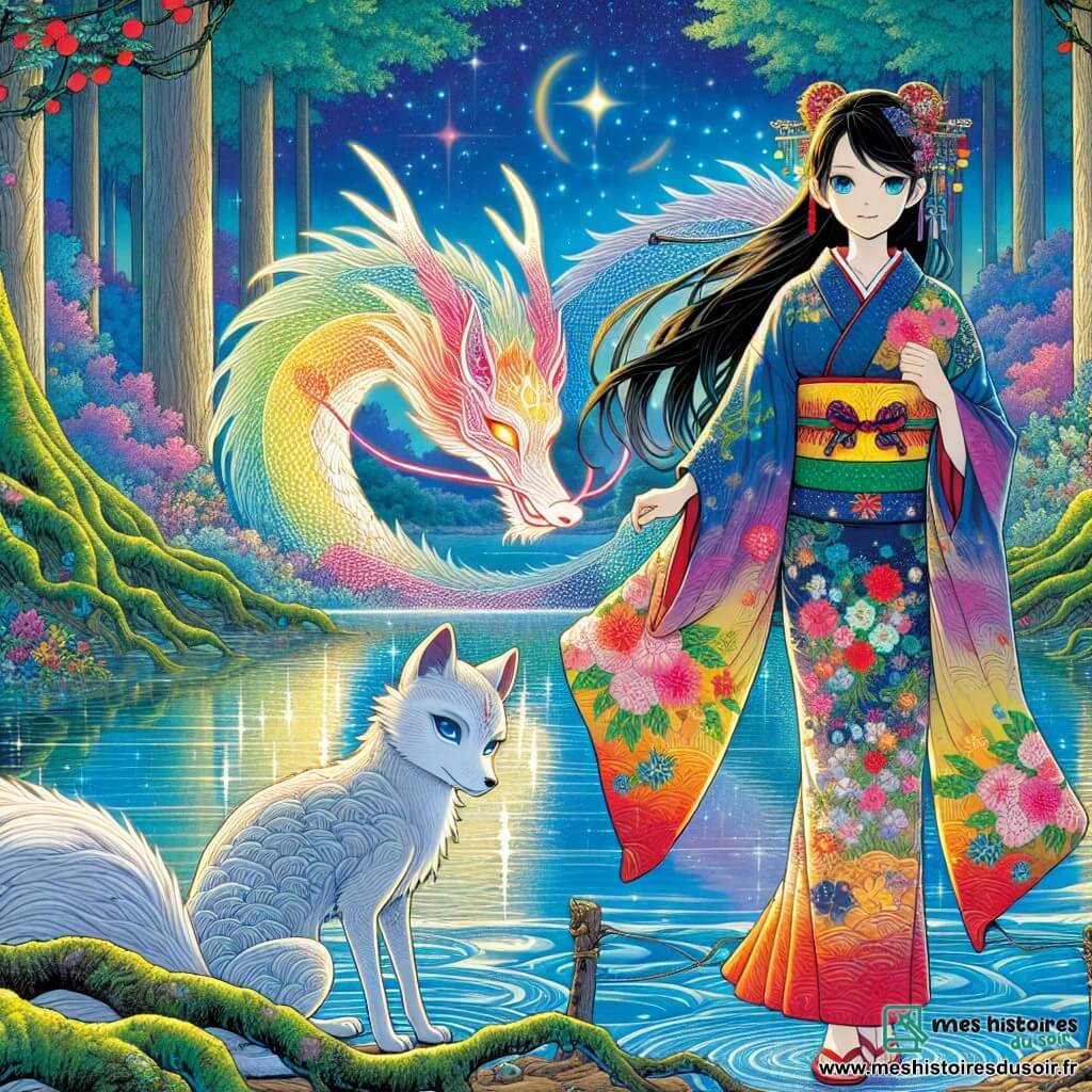 Hana, une jeune femme de 16 ans, se tient au bord d'un lac scintillant, ses longs cheveux noirs flottant dans le vent. Elle porte un kimono traditionnel aux motifs floraux et affiche une détermination lumineuse avec des yeux émerveillés. À ses côtés, Kitsune, un renard argenté aux yeux intelligents, l'observe avec sagesse. En arrière-plan, un dragon majestueux aux écailles chatoyantes émerge des eaux, illuminant la scène. Le lac, entouré d'arbres anciens, reflète le ciel étoilé, créant une atmosphère magique. Hana se prépare à écouter les conseils du dragon pour rétablir l'harmonie dans son village.