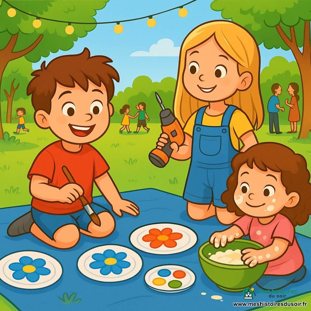 Un garçon de 6 ans, Paul, peint des fleurs colorées sur des assiettes en papier. Il est accompagné de Lila, 7 ans, qui porte une salopette et tient une visseuse, prête à aider, et d'Emma, la petite sœur de Paul, 4 ans, qui mélange de la pâte à gâteau. La scène se déroule sur une nappe bleue dans un parc ensoleillé, entourée d'arbres et de guirlandes lumineuses. Des enfants jouent en arrière-plan tandis que des adultes discutent. Paul et ses amis collaborent pour préparer un pique-nique, illustrant l'importance de l'égalité et du partage des tâches.