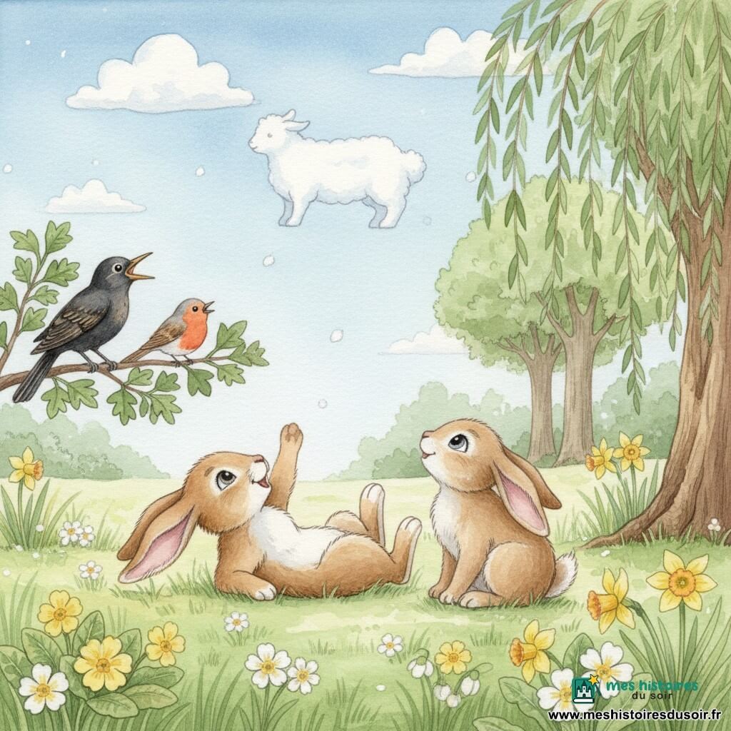 Noisette, un petit lapin brun tacheté, allongé sur le dos dans une clairière printanière, montre d'une patte un nuage en forme de mouton pendant que sa sœur Cerise, plus claire et curieuse, est assise à côté de lui et sourit; un merle chante sur une branche d'aubépine à gauche et un rouge-gorge les observe; herbe verte parsemée de primevères et jonquilles, grand saule à droite, chênes en arrière-plan, ciel bleu avec nuages moelleux; ambiance douce et paisible aux couleurs pastel et touches aquarelle.