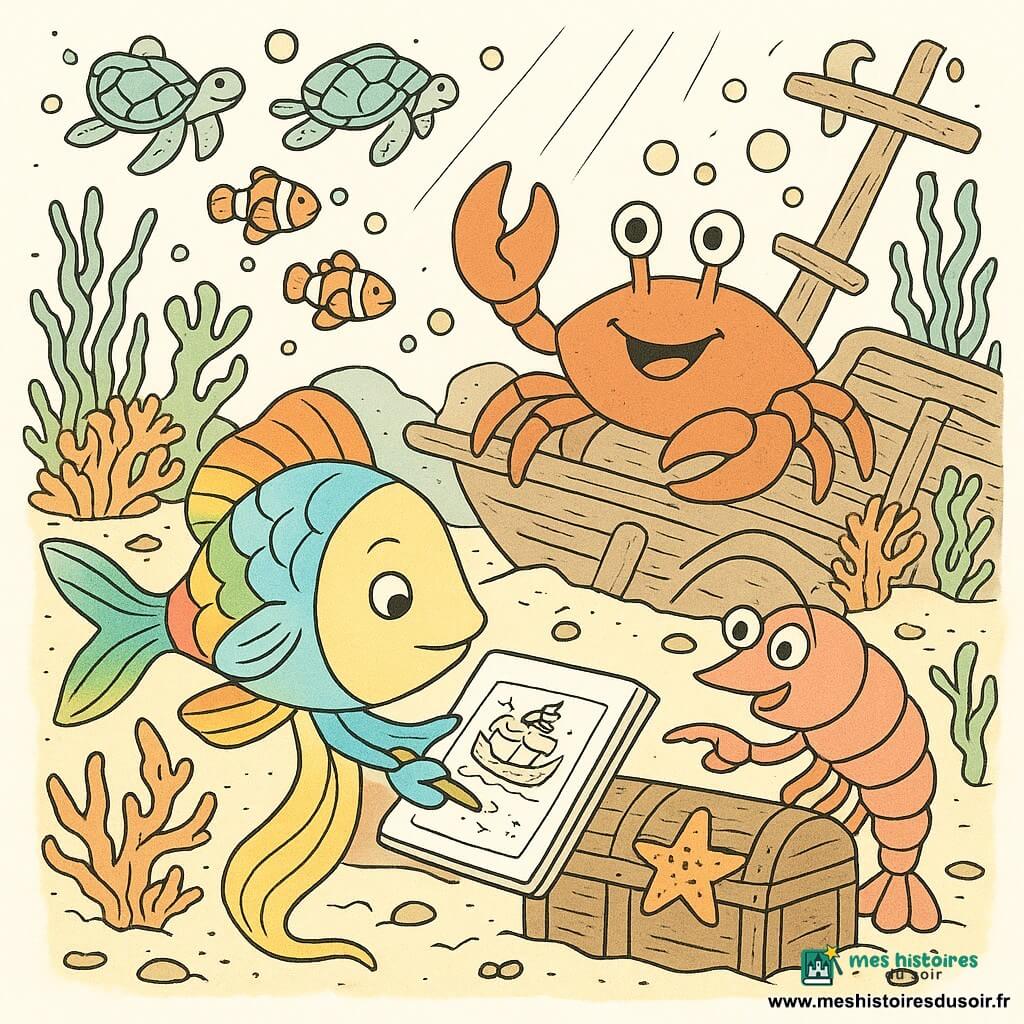 Zéphir, poisson-migrateur aux nageoires arc-en-ciel et longue queue dorée, concentré et fier, tient un carnet étanche et dessine le plan d'une épave tandis que ses petites ailes translucides frémissent; Lila, crevette rose aux pinces fines, souriante et curieuse, pointe une étoile de mer sur un coffre au premier plan; Bernard, grand crabe rouge au corps rugueux, jovial, applaudit d'une pince depuis une planche de l'épave derrière eux; en arrière-plan, des tortues calmes soufflent des bulles dorées et des poissons-clowns jouent entre les planches; l'épave d'un vieux galion, partiellement enfouie dans le sable, est couverte de corail, d'anémones et d'algues ondulantes, avec des rayons de soleil filtrant en traits parallèles; scène centrée sur le carnet de Zéphir, découverte et dessin, ambiance douce et aventureuse, textures détaillées des écailles, du bois pourri et des algues.