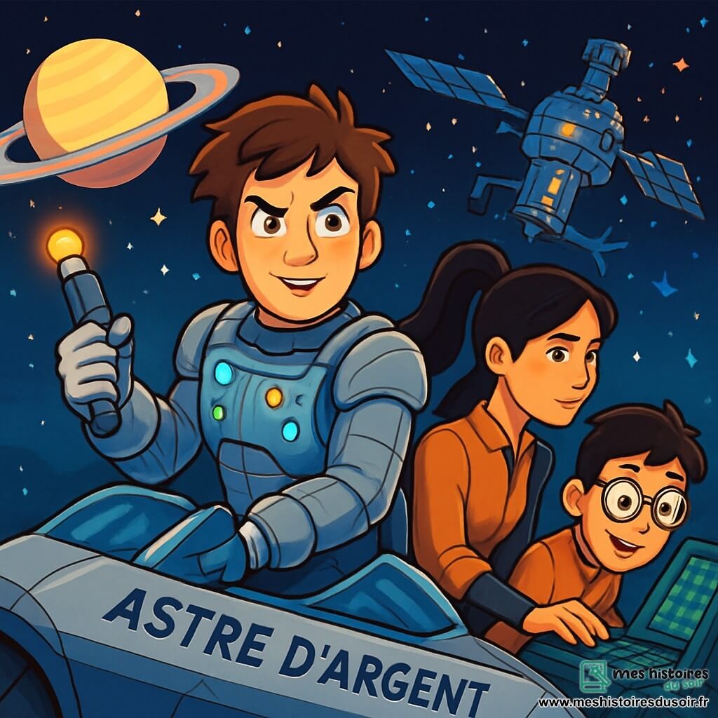 Léo, au centre de l'image, est un homme aux cheveux bruns en bataille et aux yeux pétillants d'excitation, portant une combinaison spatiale argentée avec des lumières clignotantes et tenant un outil futuriste, affichant une expression déterminée. À ses côtés, Mayla, pilote experte de 28 ans, a les cheveux longs et noirs en queue de cheval, assise dans le cockpit, prête à manœuvrer le vaisseau. Jin, un garçon de 12 ans, vérifie un écran de contrôle, ses lunettes glissant sur son nez, avec un air curieux. Le vaisseau "Astre d’Argent" flotte dans l'espace, entouré des anneaux de Saturne et d'une station spatiale Solis-9 endommagée en arrière-plan. L'équipe est en pleine action, prête à sauver la station en difficulté, dans une atmosphère d'urgence et d'aventure.