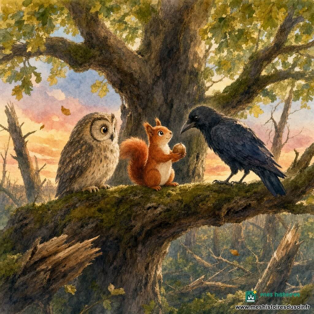 Léo, un petit écureuil roux au pelage soyeux, se tient calme et déterminé sur une branche, tenant une noisette comme symbole de paix ; un vieux hibou beige et gris, aux grands yeux ronds, le regarde soulagé à gauche, et un corbeau noir aux reflets bleutés, méfiant mais attendri, se tient à droite ; au centre, un vieux chêne au tronc large et aux branches mousseuses, entouré d'une forêt abîmée par la tempête, sous un ciel de coucher de soleil rose et bleu ; la scène, en style aquarelle aux couleurs chaudes et traits délicats, montre la fin d'une dispute et la réconciliation entre les animaux, évoquant paix et espoir malgré les cicatrices des branches.