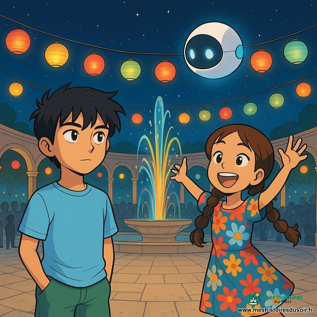 Il y a trois personnages : Noé, un garçon de 12 ans aux cheveux noirs en bataille et aux yeux gris, portant un t-shirt bleu clair et un short vert, observant la scène ; Lila, une fille de 12 ans avec de longues tresses brunes et un sourire éclatant, vêtue d'une robe colorée, sautillant joyeusement à côté de Noé ; et Orbi, un petit robot sphérique flottant avec une coque blanche et une ligne lumineuse bleue, surveillant la situation au-dessus de Lila. L'action se déroule sur la Place des Fontaines, un espace circulaire pavé, entouré de bassins scintillants et décoré de lampions translucides. Noé et Lila allument les lampions pour la Cérémonie des Couleurs, tandis qu'Orbi veille à la synchronisation des lumières, créant une atmosphère magique sous le ciel étoilé.