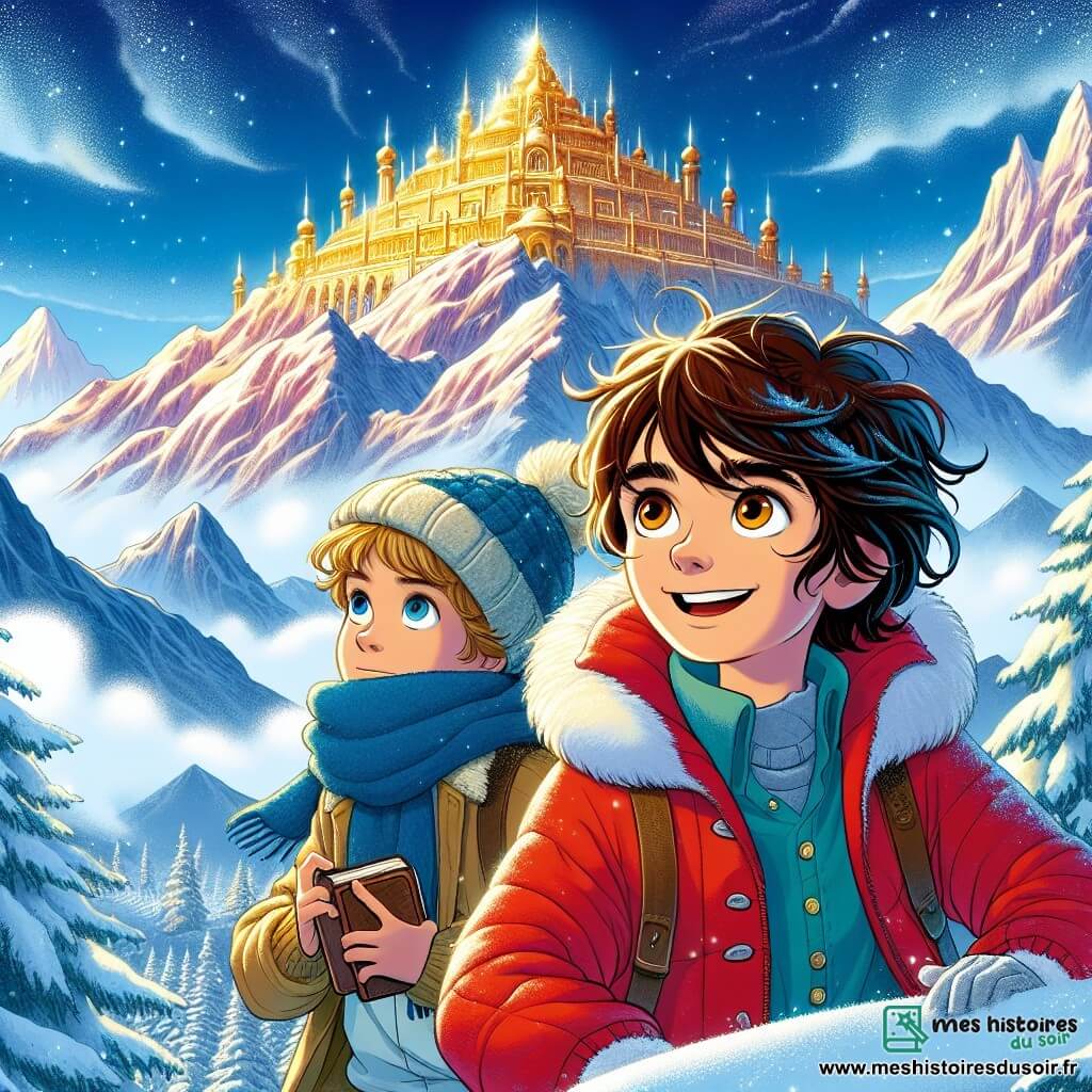 Un garçon de 11 ans, Lucien, se tient au pied d'une montagne enneigée, ses yeux châtains brillants de curiosité. Il a des cheveux en désordre et porte un manteau rouge vif. Lucien regarde vers le sommet où un palais doré scintille au soleil, son visage illuminé par un large sourire. À côté de lui, une fille de 10 ans aux cheveux bouclés, portant une écharpe bleue et un bonnet en laine, observe la montagne, prête à noter leur aventure dans un carnet. En arrière-plan, la montagne majestueuse est couverte de glace et de neige, sous un ciel bleu parsemé de nuages roses. Lucien et son amie, remplis d'enthousiasme, sont prêts à commencer leur quête vers le palais doré, tandis que des oiseaux colorés volent autour d'eux.