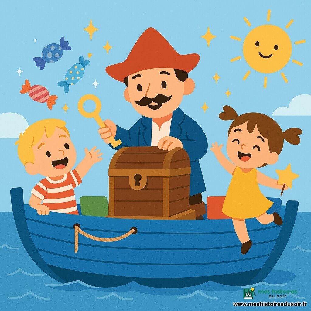Un pirate souriant à visage rond, moustache fine, chapeau rouge pointu, veste bleue et bottines marron ouvre un grand coffre en bois sur le pont en tenant une clé dorée; à sa gauche un garçon d'environ six ans aux cheveux blonds courts et t-shirt rayé rouge et blanc rit en tendant la main vers des bonbons colorés, à sa droite une fillette d'environ cinq ans aux couettes brunes et robe jaune danse en tenant une étoile en papier doré; le petit bateau tout bleu a cordages simples et coussins colorés, la mer est calme à vagues rondes et un soleil jaune souriant brille au-dessus tandis que étoiles dorées et bonbons scintillent et flottent légèrement pendant qu'ils partagent et dansent sous un ciel clair.