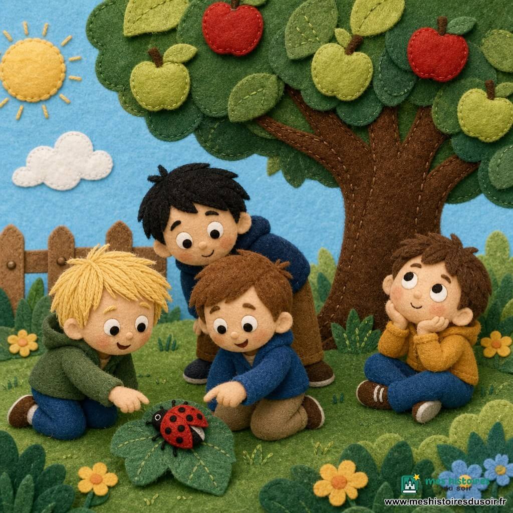 Quatre garçons : Léo (7 ans, cheveux bruns, pointant une coccinelle sur une grande feuille à sa droite), Tom (6 ans, cheveux blonds, à gauche de Léo, tend la main vers la coccinelle), Max (7 ans, cheveux noirs, penché derrière eux pour mieux voir) et Sam (5 ans, cheveux châtains, assis un peu plus loin sous l'arbre, regardant le ciel). Une coccinelle rouge vif à six points noirs est posée sur une feuille verte. Ils sont rassemblés sous un grand pommier dans un jardin au matin, herbe courte, quelques fleurs et une petite clôture en arrière-plan ; la scène est simple, colorée et tactile, avec textures visibles (feutrine, coutures) et un léger vent qui fait bouger les feuilles.