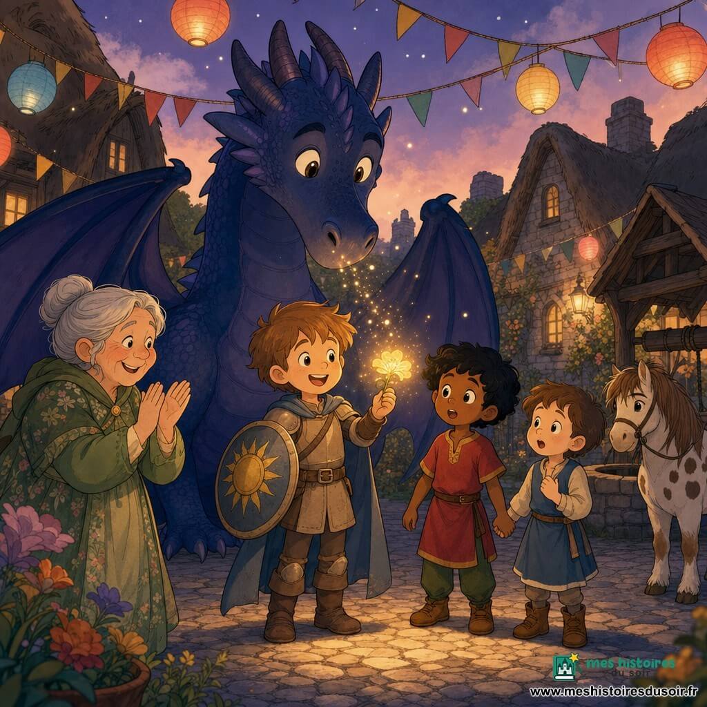 Arthus, jeune chevalier au visage rond et souriant, cheveux châtain clair, en armure de cuir beige et bouclier orné d’un soleil doré, tend délicatement une petite fleur brillante qui diffuse une lumière chaleureuse; derrière lui, un grand dragon nocturne aux écailles bleu profond aux reflets violets le protège en soufflant de petites étincelles dorées; à gauche, la vieille dame Bertille, cheveux gris en chignon et robe verte à motifs floraux, applaudit, et à droite un garçon villageois d’environ huit ans, cheveux noirs et tunique rouge, tient la main d’un autre enfant et regarde la fleur émerveillé; le poney Gribouille, tacheté blanc et brun à la crinière en bataille, est attaché près d’un puits en arrière-plan; la scène se déroule sur la place pavée d’un hameau aux maisons de pierre et toits de chaume, décorée de guirlandes et lampions sous un ciel crépusculaire rose et bleu, atmosphère festive et bienveillante.