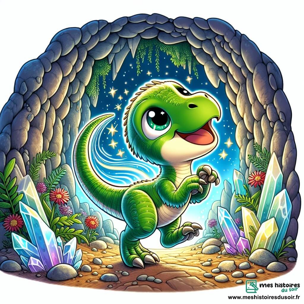 Un petit vélociraptor nommé Dino, avec des écailles vertes et des yeux curieux, explore une grotte mystérieuse, joyeux et émerveillé, prêt à sauter de joie. À l'entrée, un doux vent fait danser les feuilles, tandis que la grotte spacieuse présente des murs ornés de cristaux scintillants et des fleurs colorées à l'extérieur. Dino découvre son nouveau chez-lui, s'émerveillant des échos, avec un grand sourire sur le visage, prêt à s'endormir dans son nid douillet.