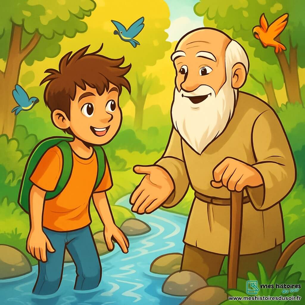 Un garçon de 12 ans, Élio, avec des cheveux bruns en bataille et des yeux curieux, se tient au bord d'une rivière scintillante. Son visage exprime émerveillement et détermination alors qu'il observe les reflets de l'eau. À ses côtés, Aldar, un vieil homme sage d'environ 70 ans, avec une longue barbe blanche et des vêtements usés, sourit en lui montrant le chemin. Ils se trouvent dans une clairière baignée de lumière dorée, entourée d'arbres majestueux. La rivière coule paisiblement, tandis que des oiseaux colorés volent au-dessus d'eux. Élio et Aldar discutent des leçons de la vie, Élio écoutant attentivement, prêt à apprendre et à découvrir son chemin.