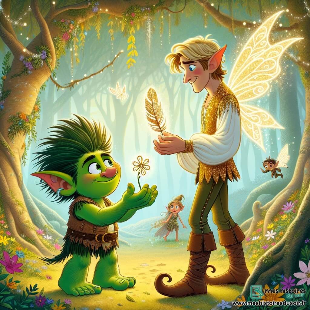 Au centre de l'image, un troll nommé Tom, avec une peau verte, des oreilles pointues et un grand sourire, tient la Plume de Paix avec émerveillement. Ses yeux brillent de joie, et il porte un petit sac en bandoulière rempli de fleurs colorées. À sa droite, un elfe aux cheveux dorés et aux yeux bleus, souriant, l'observe et lève la main en remerciement. En arrière-plan, une forêt enchantée avec des arbres aux feuilles dorées et argentées, et des petites fées lumineuses créent une ambiance magique. La scène illustre Tom découvrant la Plume de Paix dans une clairière, entouré de la magie de la forêt, tandis que l'elfe symbolise l'amitié et la rédemption.