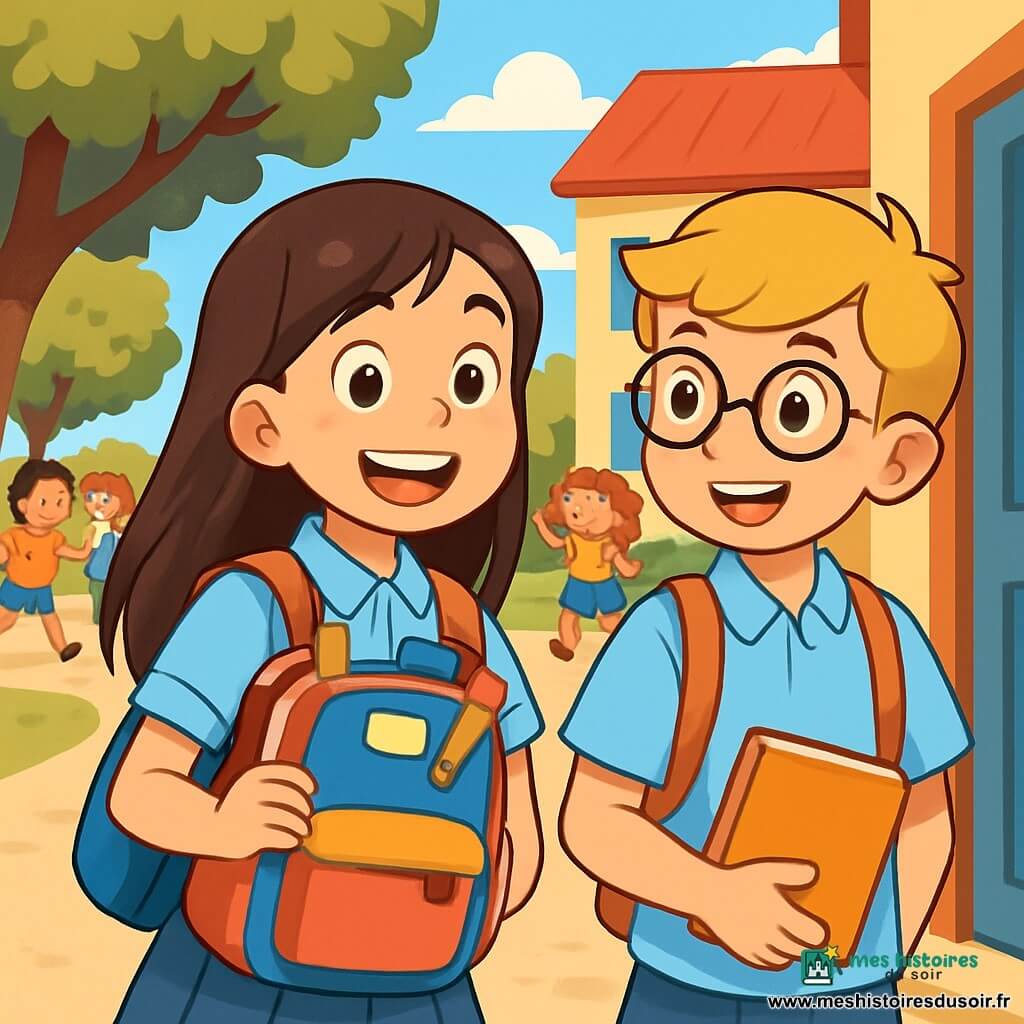 Une fille de 10 ans, Julie, avec de longs cheveux bruns et des yeux joyeux, porte un uniforme scolaire bleu clair. Elle sourit en tenant son sac d'école coloré rempli de fournitures, prête à entrer dans sa classe. À côté d'elle, son meilleur ami Lucas, un garçon de 10 ans aux cheveux blonds et lunettes rondes, l'encourage avec un sourire, tenant un livre sous son bras. La scène se déroule dans une cour d'école animée, entourée d'arbres et d'un ciel bleu. Julie et Lucas se dirigent vers la porte de la classe, impatients de retrouver leurs camarades pour une nouvelle année scolaire.