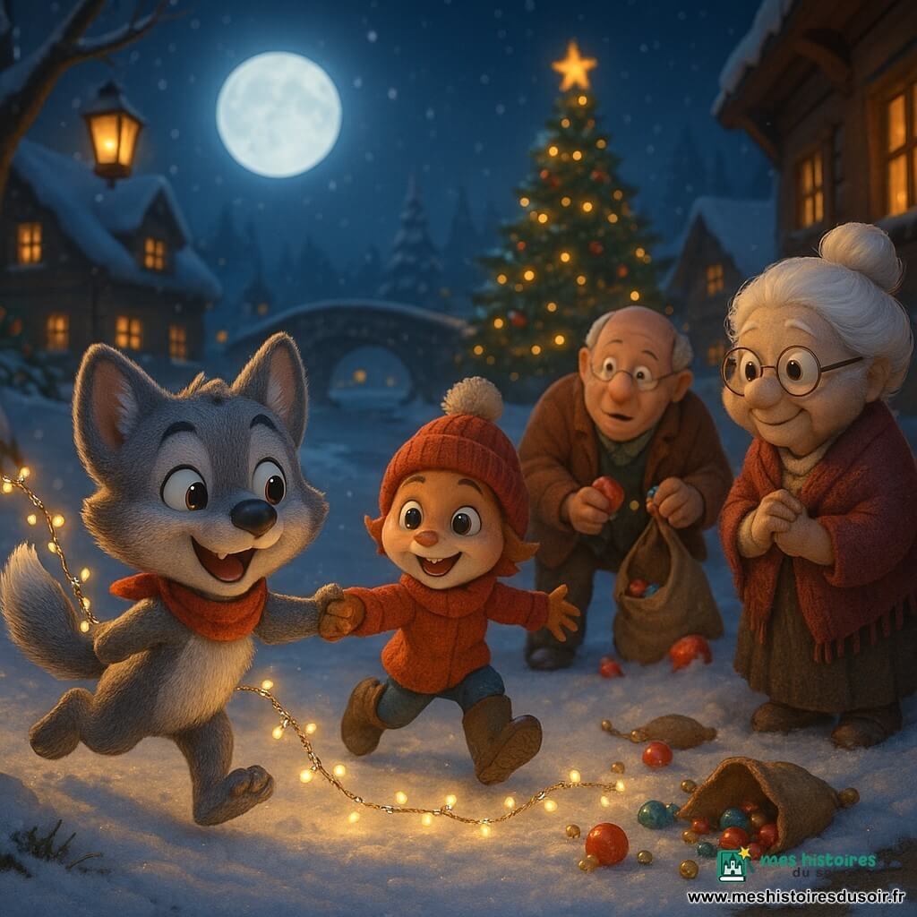 Lino, petit loup anthropomorphe au pelage gris et poitrine blanche, grandes oreilles rondes et écharpe rouge, court joyeusement en tendant les pattes pour attraper une guirlande scintillante accrochée à sa queue ; sa petite sœur lutin (enfant-renard) aux bottes boueuses et bonnet à pompon forme la chaîne humaine à côté de lui en souriant et tend la main vers une guirlande tombante ; Monsieur Martin, voisin âgé en veste brun-rouge, ramasse des décorations éparpillées dans la neige près d’un sac éventré, tandis que la grand-mère de Lino, petite louve ronde aux cheveux blancs en chignon, émue et fière, serre son châle au bord du sentier. La scène se déroule la nuit sur un sentier de village enneigé sous une pleine lune, maisons en bois aux fenêtres chaudes et lampions, un grand sapin décoré près d’un vieux pont gelé ; une avalanche légère de décorations a fait tomber des guirlandes qui roulent sur la neige, enfants et habitants forment une chaîne pour les récupérer, ambiance festive aux couleurs chaudes contrastant avec le bleu froid de la neige.
