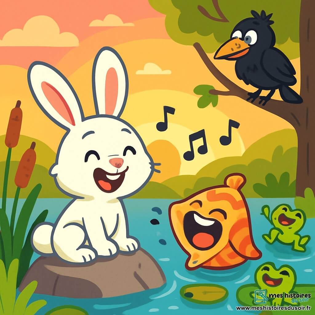 Un lapin nommé Léon, avec une fourrure blanche et de grandes oreilles, est assis sur un rocher au bord d'un marais. Il sourit joyeusement, tandis qu'un coquillage coloré à côté de lui chante faux avec une expression amusée. En arrière-plan, un vieux corbeau noir observe la scène. Le marais est rempli de nénuphars et de petites grenouilles, créant une ambiance festive. Léon et ses amis chantent, rient et dansent sous un ciel aux teintes dorées et roses.
