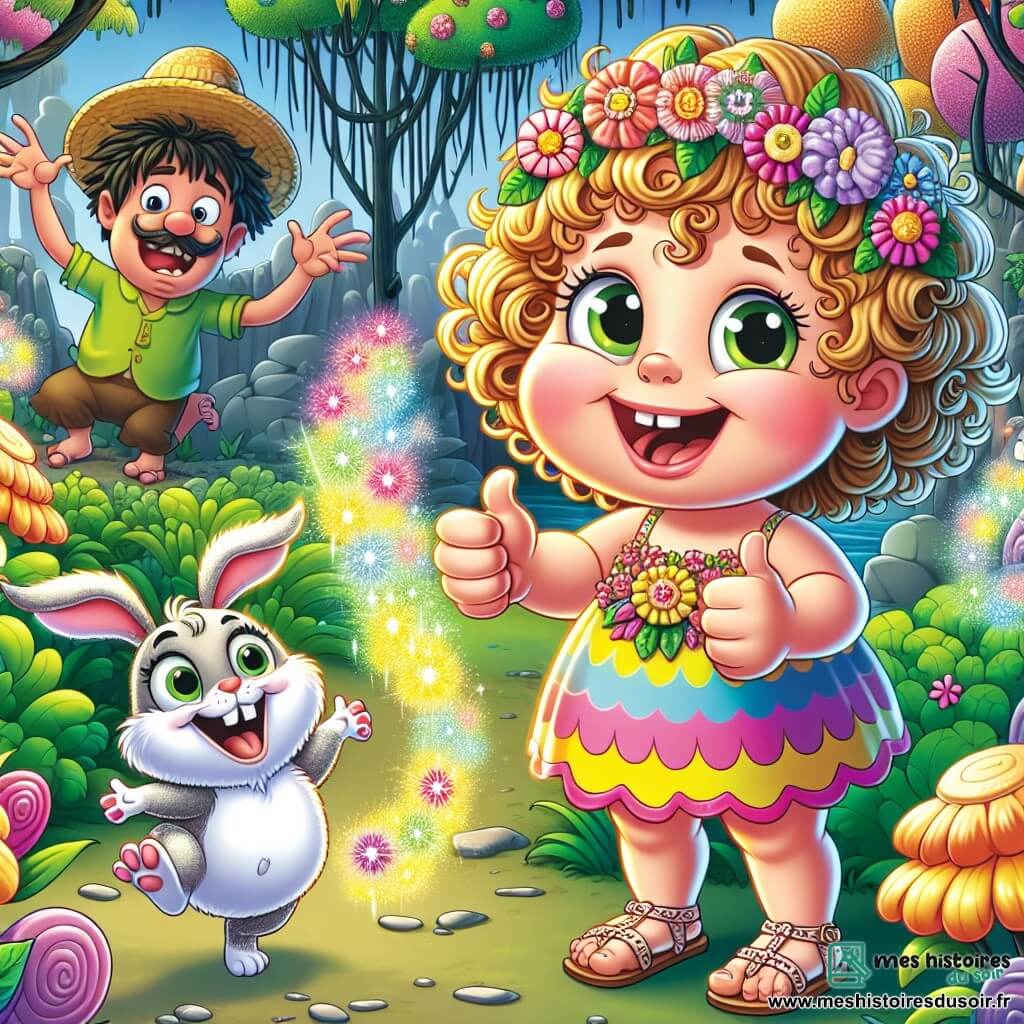 Une petite fille de 6 ans, Lila, avec des cheveux bouclés et dorés, des yeux curieux et un grand sourire, se tient au centre de l'image, levant des pouces brillants. Elle porte une robe colorée avec des fleurs et des sandales en paille. À côté d'elle, un lapin nommé Pipo, avec un pelage blanc et un petit chapeau de paille, saute de joie. En arrière-plan, un dragon maladroit avec des écailles vertes est coincé dans un buisson, affichant une expression amusée. Le décor est un royaume fantastique avec des arbres en bonbons et des fleurs éclatantes, tandis que le paysage autour reste en noir et blanc. Lila essaie de rassembler des éclats de couleurs dansantes, encouragée par Pipo et le dragon qui se débat dans le buisson.