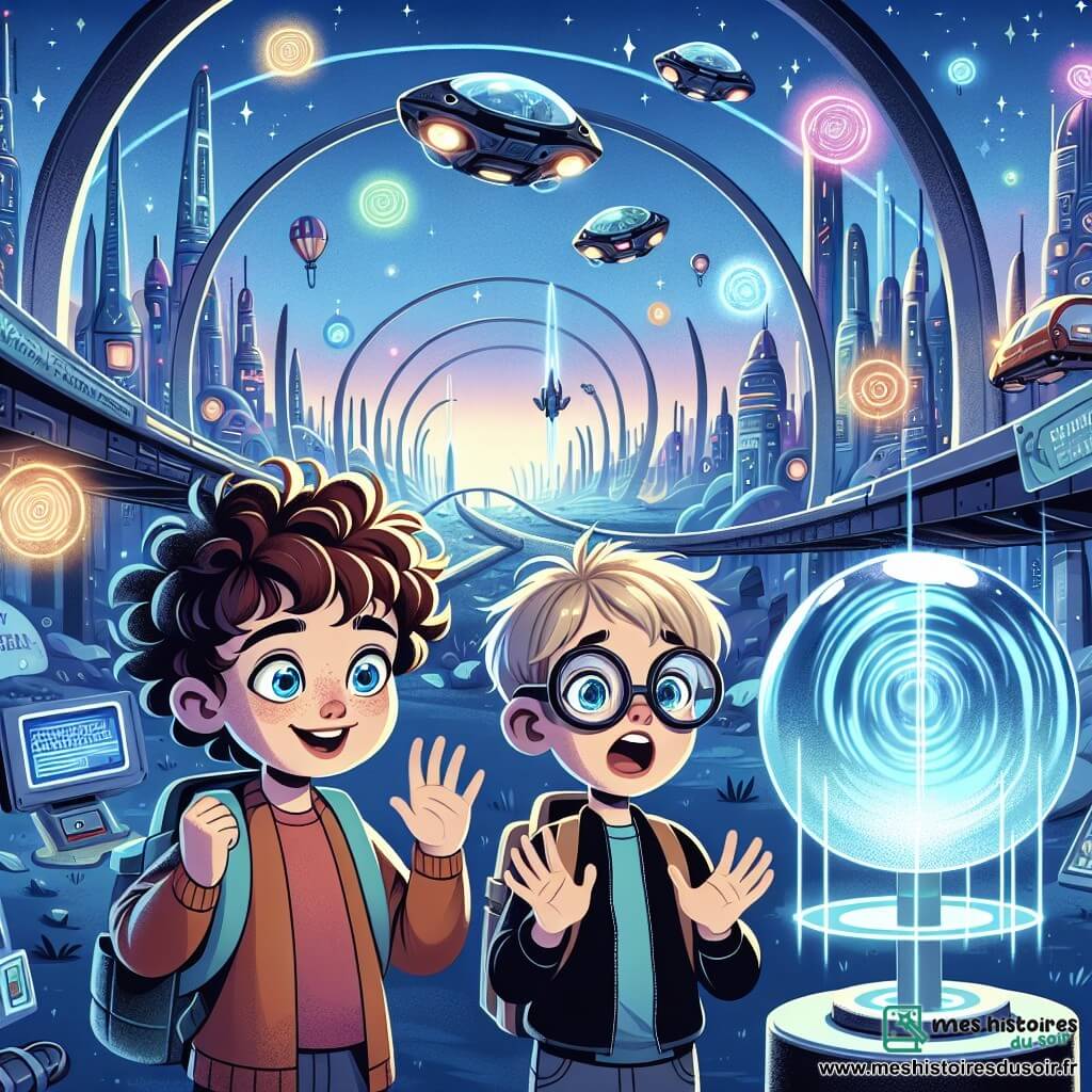 Lucas, un garçon de 11 ans aux cheveux frisés et aux yeux curieux, se tient au centre de Luminopolis, une ville futuriste, les bras écartés et souriant. À ses côtés, Emma, également âgée de 11 ans, avec des cheveux longs et des lunettes de protection, observe un hologramme flottant avec excitation. Le décor présente des bâtiments élancés scintillant sous un ciel bleu, des véhicules volants et des hologrammes colorés. Lucas et Emma découvrent un laboratoire mystérieux rempli de machines étranges et d'une sphère argentée lumineuse, prêts à vivre une aventure technologique.