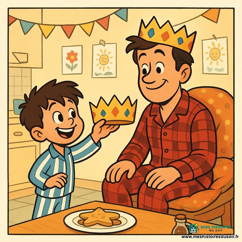 Léo, un garçon de 8 ans avec des cheveux bruns ébouriffés et des yeux pétillants, sourit en tenant une couronne en carton colorée. Il porte un pyjama à rayures bleues et blanches. À côté de lui, son père, Monsieur Martin, un homme d'une trentaine d'années avec des cheveux légèrement en bataille et un sourire chaleureux, est assis sur un trône de coussins, portant la couronne offerte par Léo. Il est habillé d'un pyjama à carreaux rouges. La scène se passe dans une cuisine lumineuse, décorée de guirlandes en papier et de dessins d'enfants. Sur la table, un petit-déjeuner de pancakes en forme d'étoiles est disposé. La situation montre Léo offrant la couronne à son père, capturant un moment de complicité et de bonheur familial.