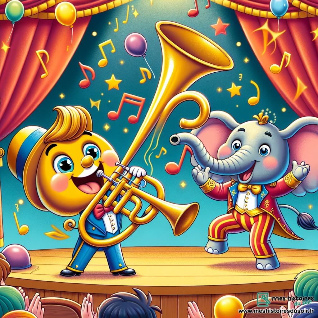 Marcel, une trompette en laiton avec des yeux pétillants et un large sourire, joue joyeusement une mélodie sur scène, entouré de notes de musique colorées. À ses côtés, Dario, un acrobate en costume pailleté, effectue une pirouette, prêt à applaudir son ami. Un peu plus loin, Balthazar, un éléphant majestueux, jongle avec des balles multicolores, affichant une expression amusée. Le chapiteau du Cirque des Merveilles, aux couleurs vives de rouge et blanc, est décoré de guirlandes scintillantes et de lumières éclatantes, créant une ambiance féerique. Des spectateurs émerveillés applaudissent et rient, assis sur des chaises en bois, tandis que des ballons flottent dans l'air. La scène montre Marcel jouant sur scène, entouré d'artistes, créant un moment magique où musique et magie se rencontrent, captivant le cœur des spectateurs.