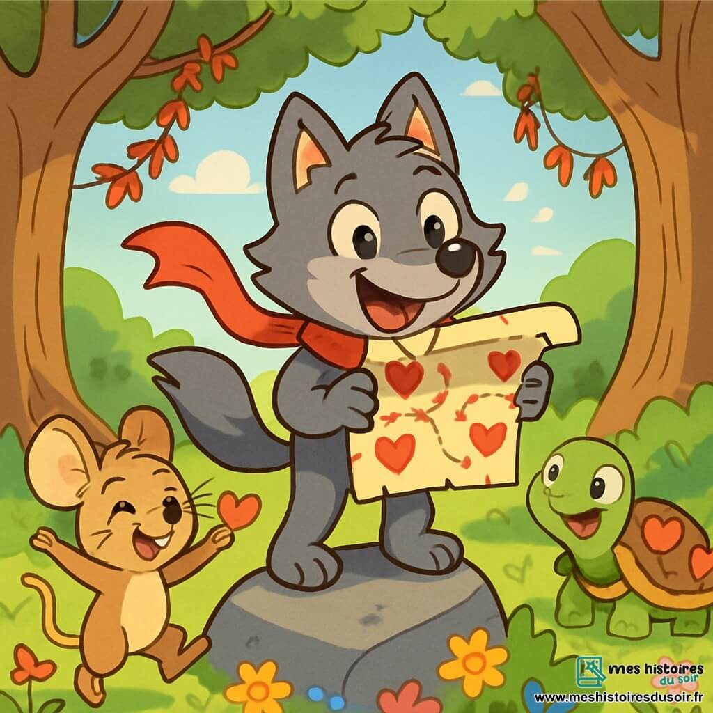 Petit Loup, un jeune loup aux yeux pétillants et au pelage gris, sourit en tenant une carte au trésor décorée de cœurs. Il est sur un rocher, entouré de fleurs colorées, avec son écharpe rouge flottant au vent. Biscotte, une petite souris aux grandes oreilles et au pelage brun clair, saute de joie à ses côtés, tenant un petit cœur en papier. Gribouille, une tortue au carapace ornée de motifs en forme de cœur, se trouve derrière eux, affichant une expression curieuse. La scène se déroule dans la clairière du Vieux Chêne, avec des arbres majestueux et des guirlandes de feuilles rouges. Petit Loup annonce le début de la chasse au trésor de la Saint-Valentin, entouré de ses amis, prêts pour une aventure pleine de rires.