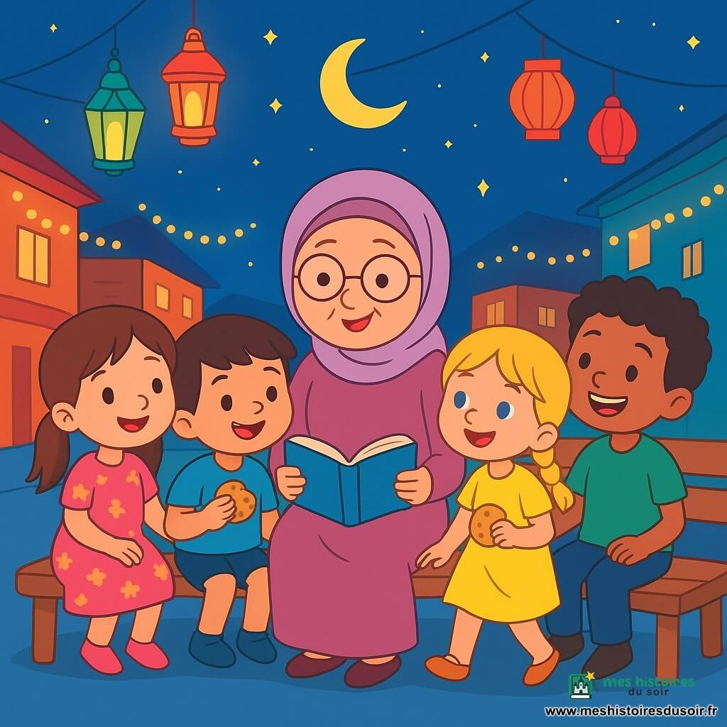 Il y a 4 enfants : Lina, 8 ans, avec de longs cheveux bruns et une robe rose à fleurs, tient la main d'Amine, 7 ans, avec des cheveux bruns et un t-shirt bleu, qui a un visage espiègle. Sofia, 6 ans, avec des cheveux blonds en tresses et une robe jaune, trottine devant, tandis que Tarek, 9 ans, avec des cheveux noirs et un t-shirt vert, traîne derrière en regardant les étoiles. La scène se déroule dans une rue animée pendant le Ramadan, avec des lampadaires colorés et des guirlandes lumineuses. Les enfants sont assis autour de Madame Rose, la voisine, sur un banc en bois, partageant des biscuits et écoutant ses histoires sous la lumière de la lune, créant une atmosphère chaleureuse.
